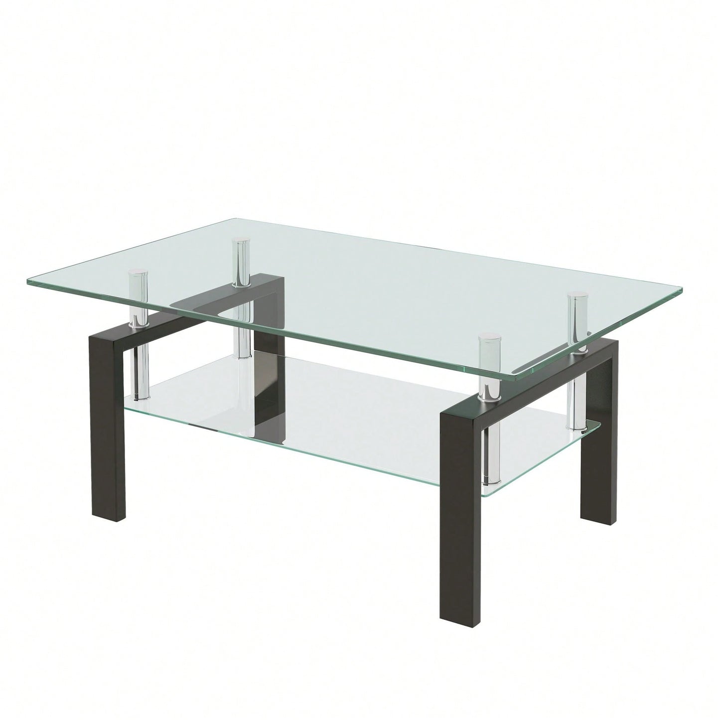 2-Layers Coffee Table Living Room Center Table, Tempered Clear Glass Coffee Table