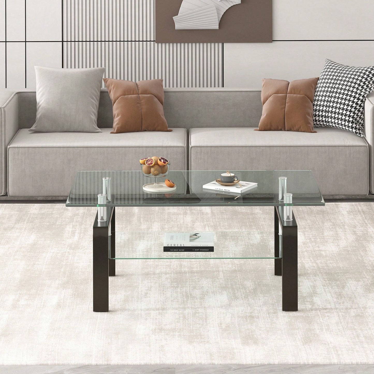 2-Layers Coffee Table Living Room Center Table, Tempered Clear Glass Coffee Table