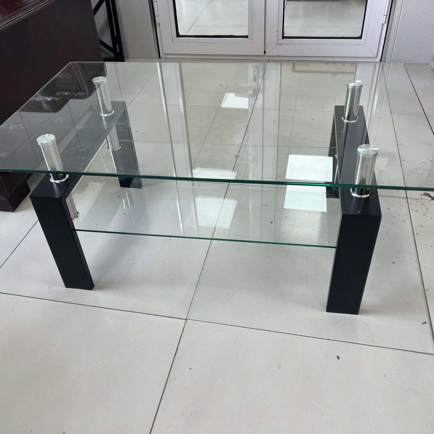 2-Layers Coffee Table Living Room Center Table, Tempered Clear Glass Coffee Table