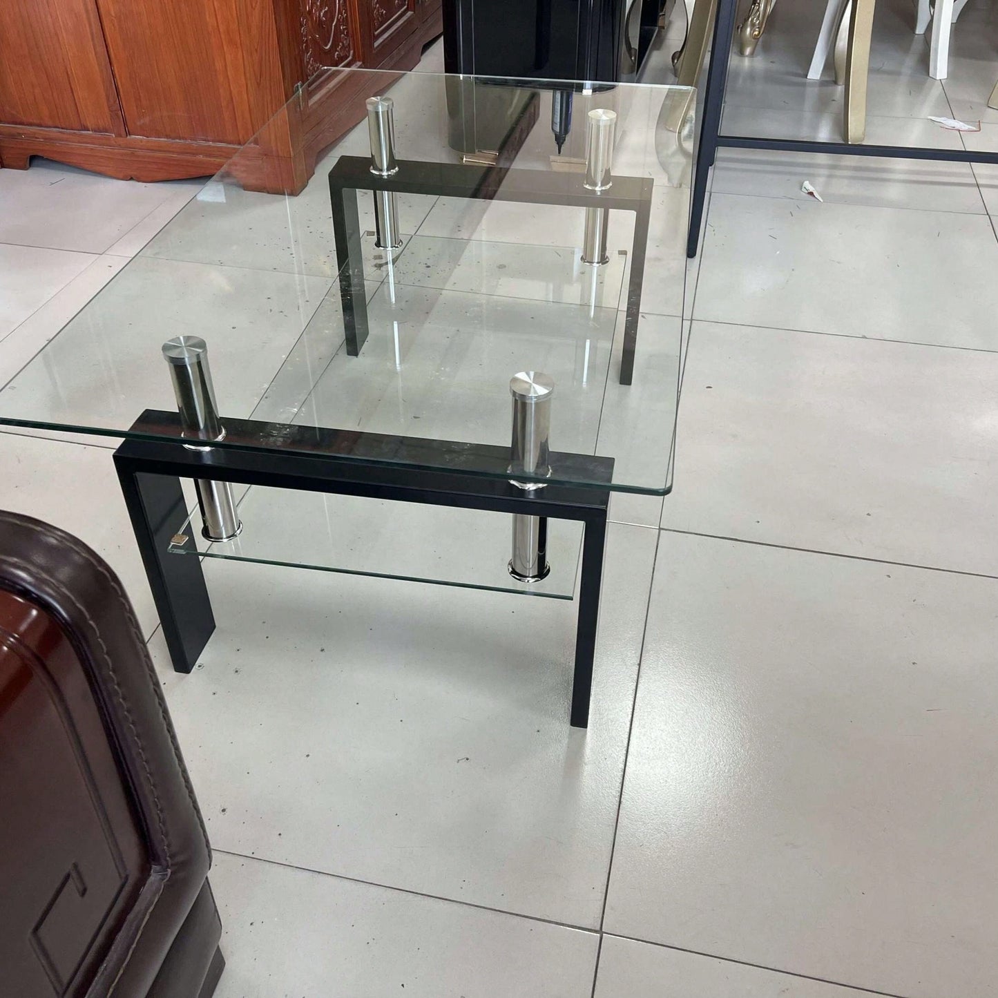 2-Layers Coffee Table Living Room Center Table, Tempered Clear Glass Coffee Table