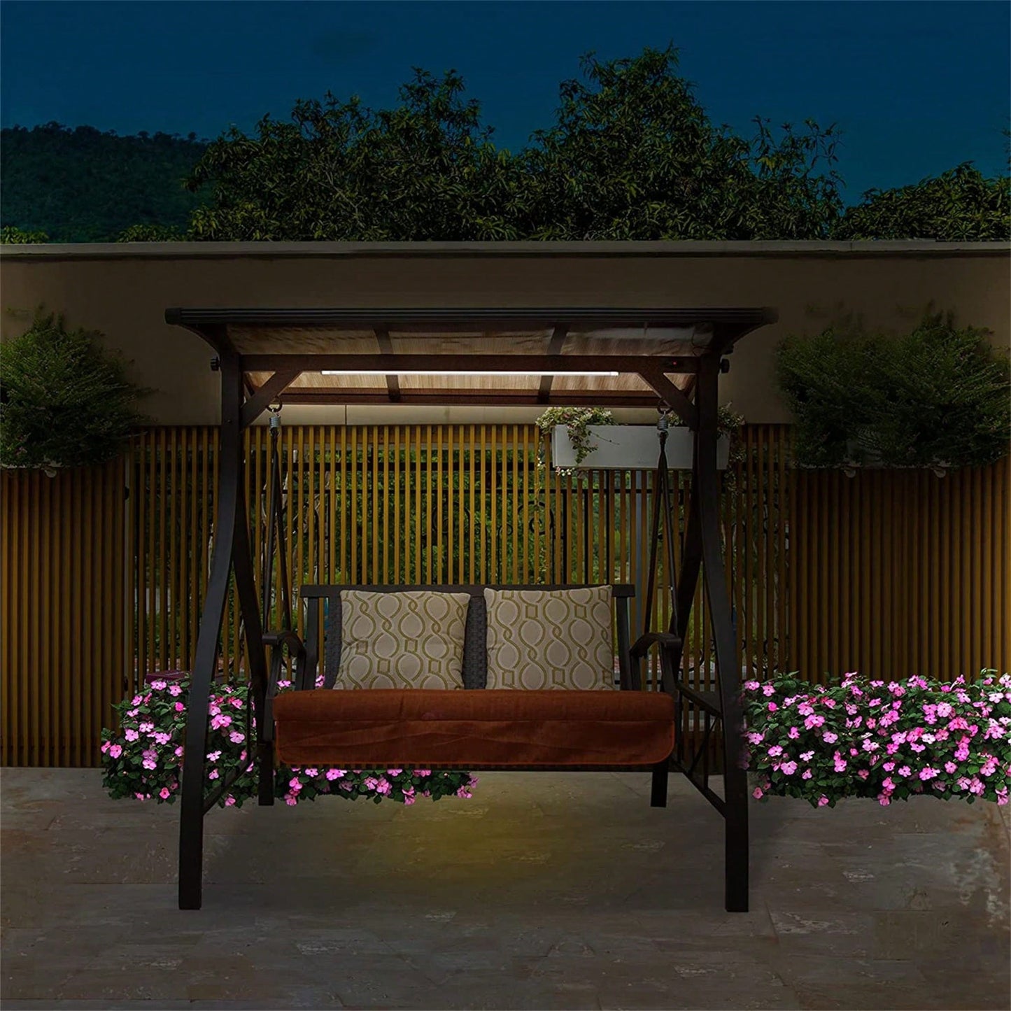 2 Person Adjustable Canopy Deluxe Hammock Swing Glider With Solar LED Light And 2 Sunbrella Cushions For Outdoor Garden, Balcony, Backyard
