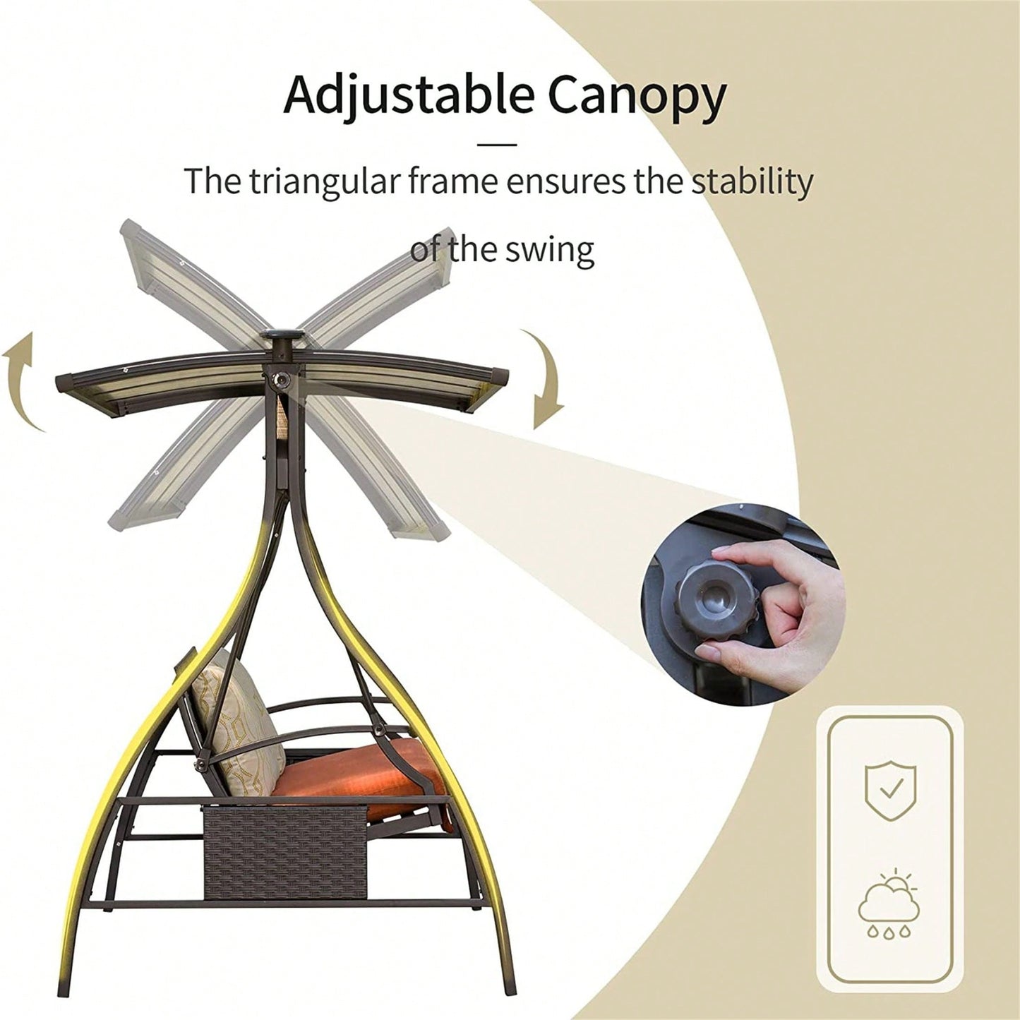 2 Person Adjustable Canopy Deluxe Hammock Swing Glider With Solar LED Light And 2 Sunbrella Cushions For Outdoor Garden, Balcony, Backyard