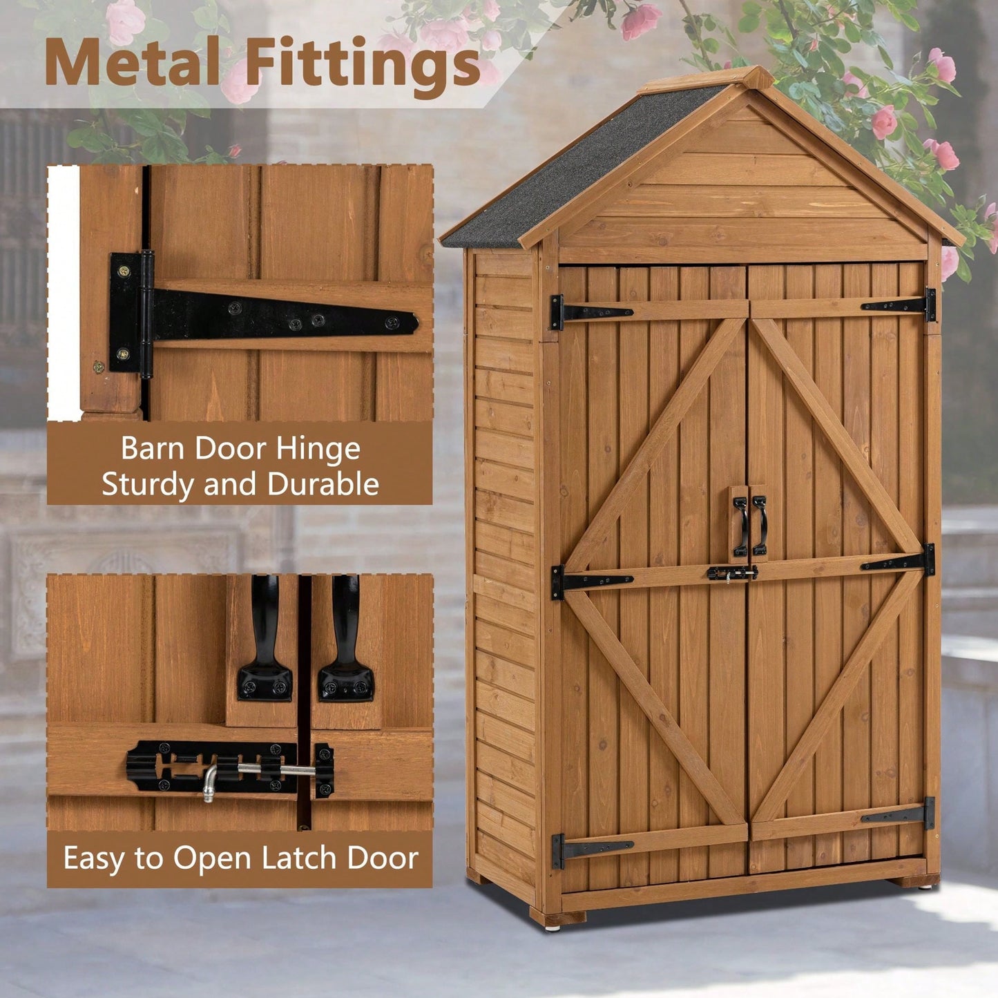 Outdoor Storage Cabinet, Garden Wood Tool Shed, Outside Wooden Shed Closet With Shelves And Latch