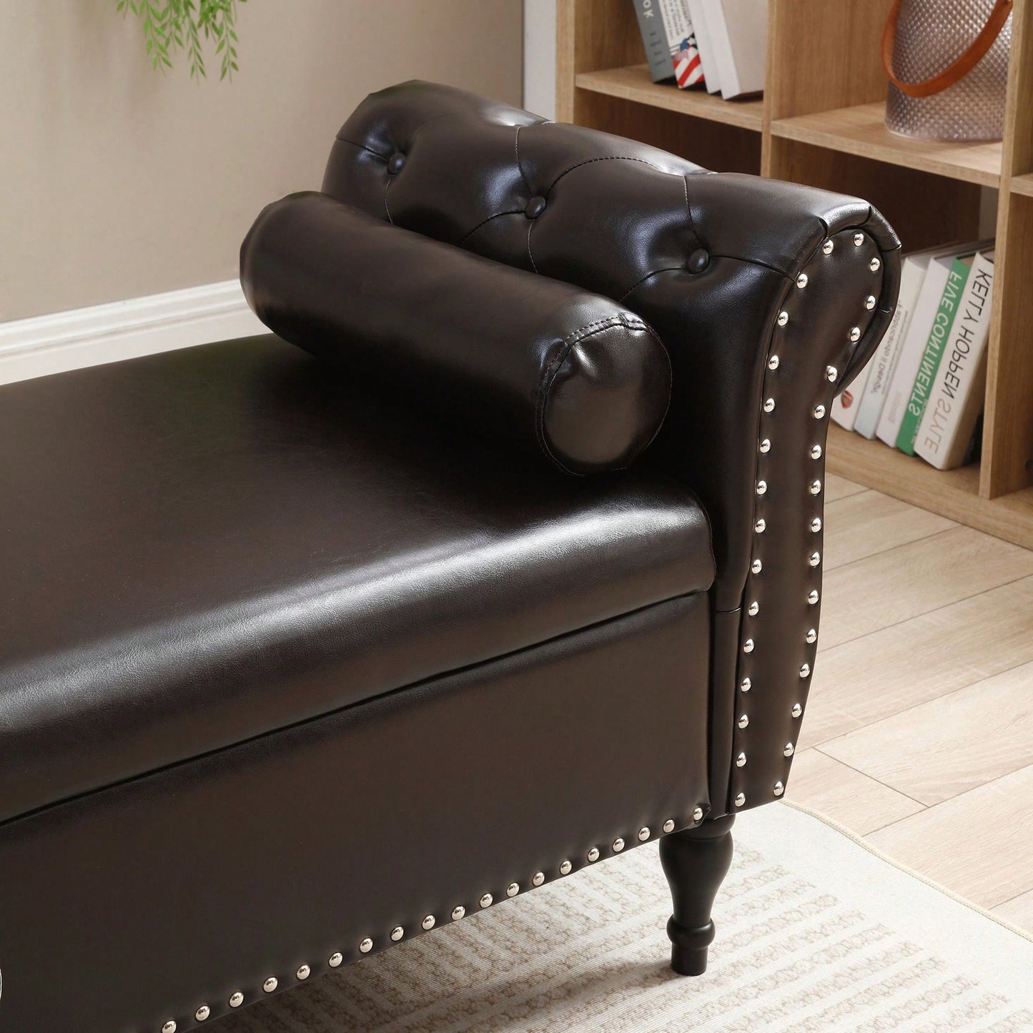 63 Inch PU Upholstered Tufted Storage Bench with Safety Hinge and Nailhead Trim Solid Wood Legs