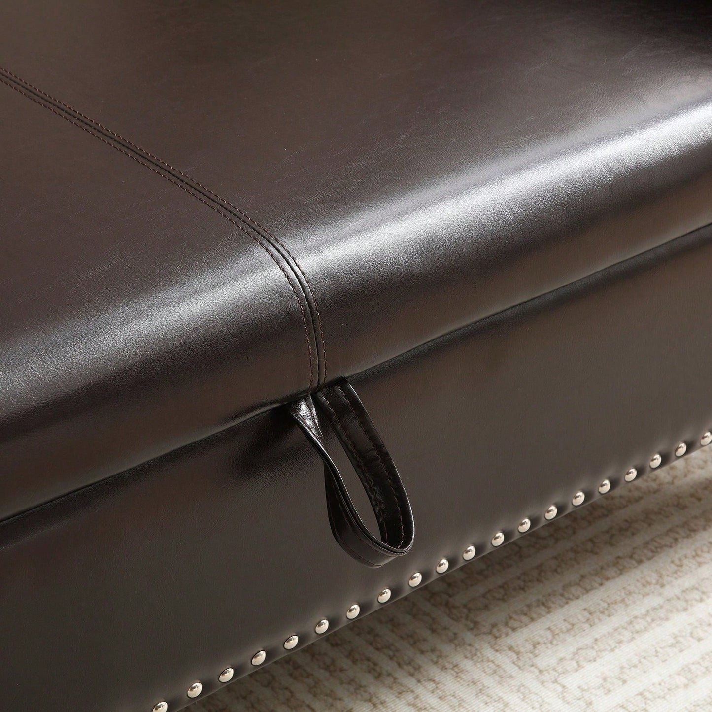 63 Inch PU Upholstered Tufted Storage Bench with Safety Hinge and Nailhead Trim Solid Wood Legs