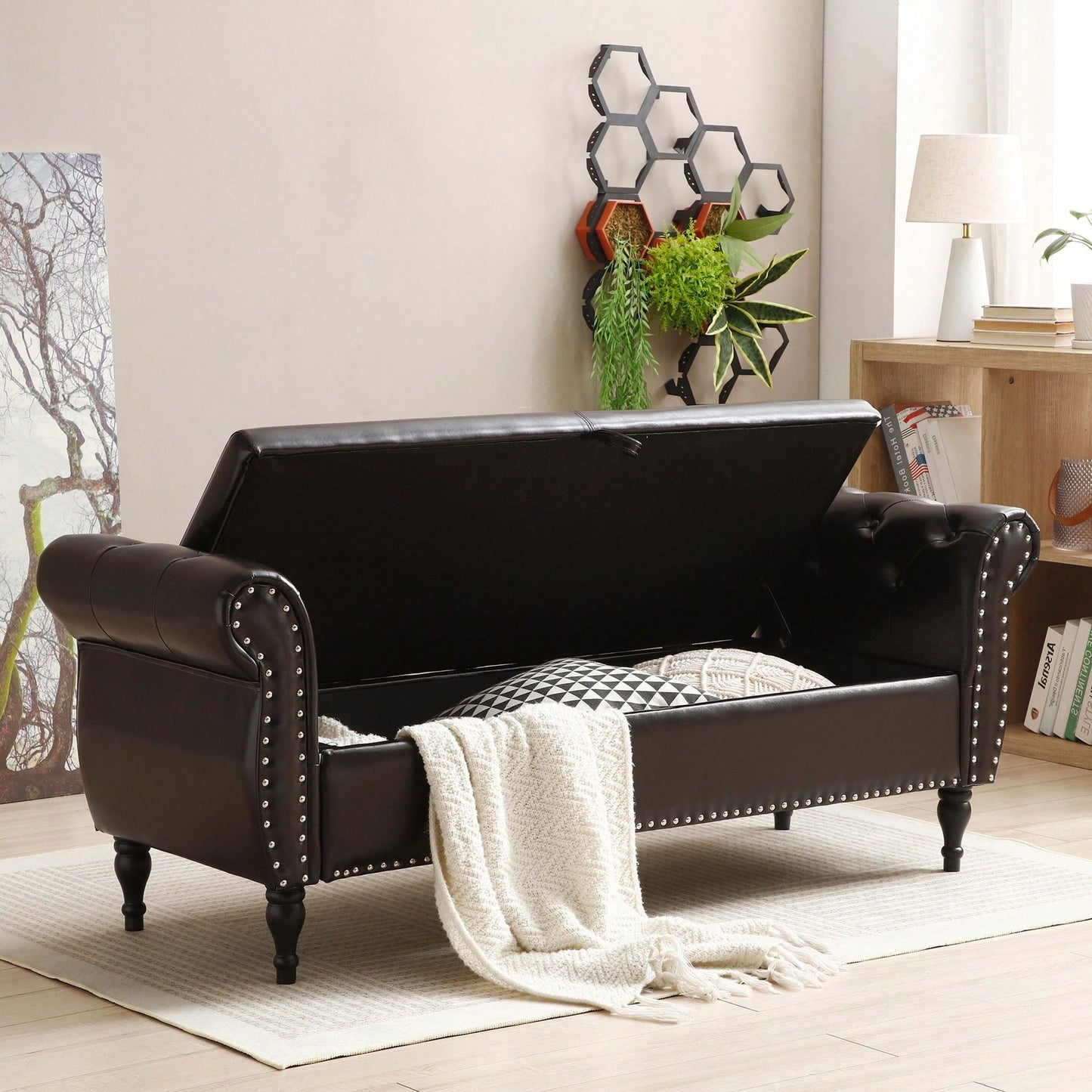 63 Inch PU Upholstered Tufted Storage Bench with Safety Hinge and Nailhead Trim Solid Wood Legs