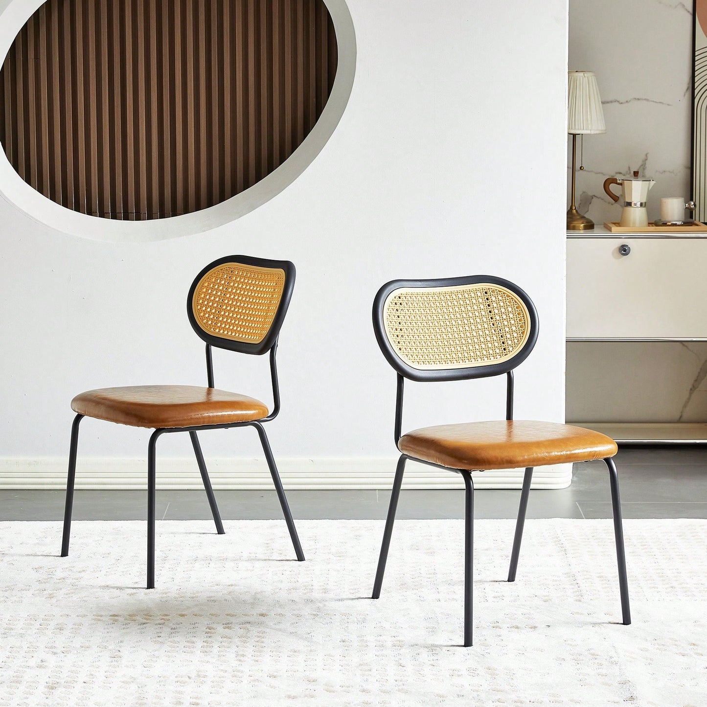Modern Simple Style Dining Chair PU Leather Black Metal Pipe PP Back Dining Room Furniture Chair Set Of 2