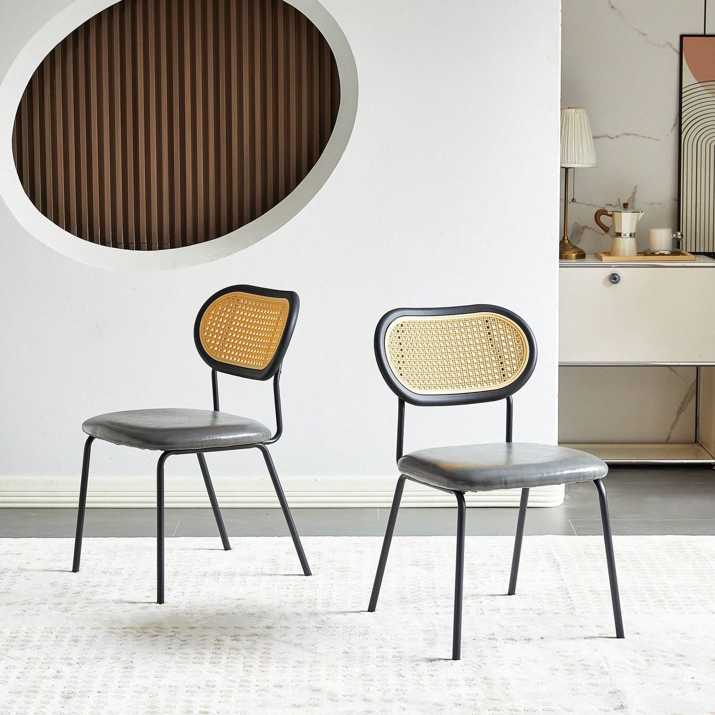 Modern Simple Style Dining Chair PU Leather Black Metal Pipe PP Back Dining Room Furniture Chair Set Of 2