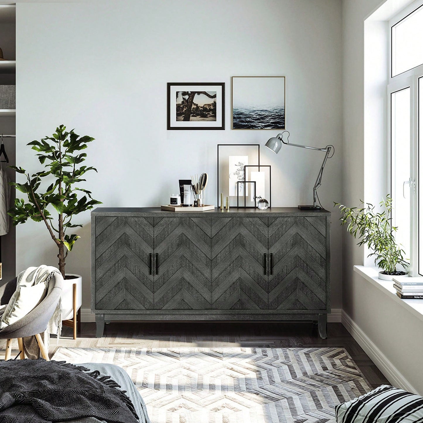 4 Doors Storage Wooden Cabinets,Lacquered Accent Storage Console Table Sideboard For Entryway,Living Room