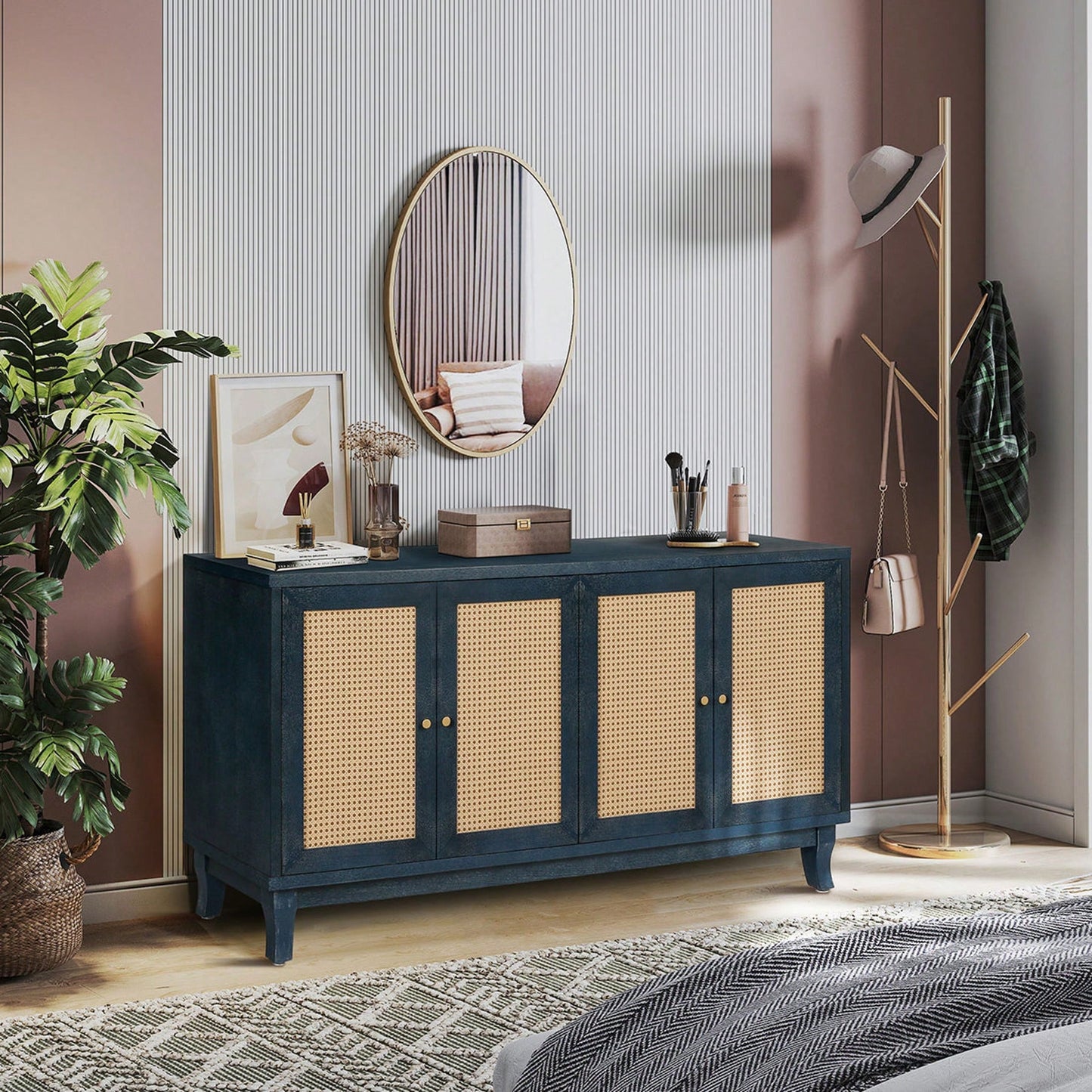 Modern Rattan Sideboard Cabinet with Adjustable Shelves and 4 Doors for Living Room Storage