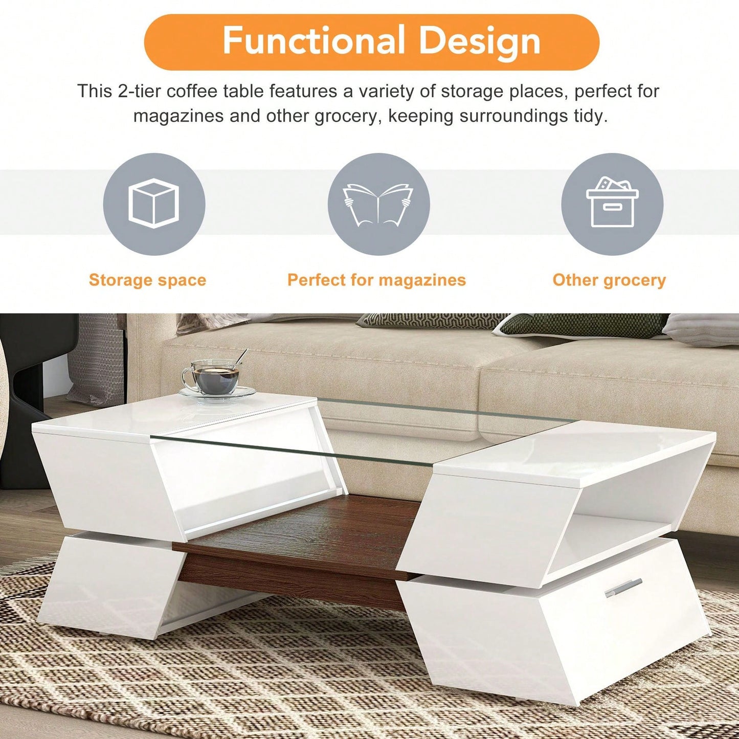 Modern Geometric 6mm Glass Coffee Table with Open Shelves and Cabinets for Stylish Living Room Storage