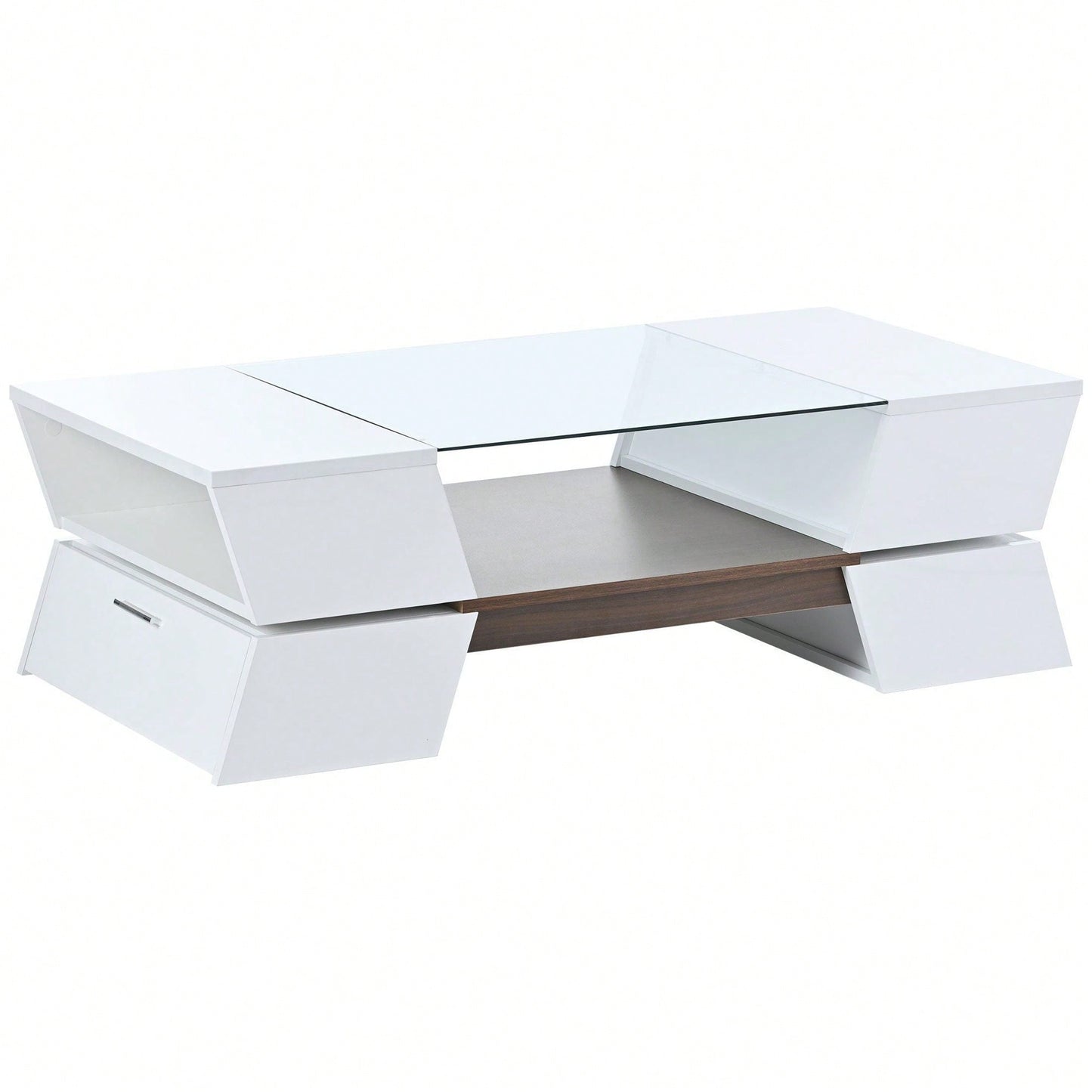 Modern Geometric 6mm Glass Coffee Table with Open Shelves and Cabinets for Stylish Living Room Storage