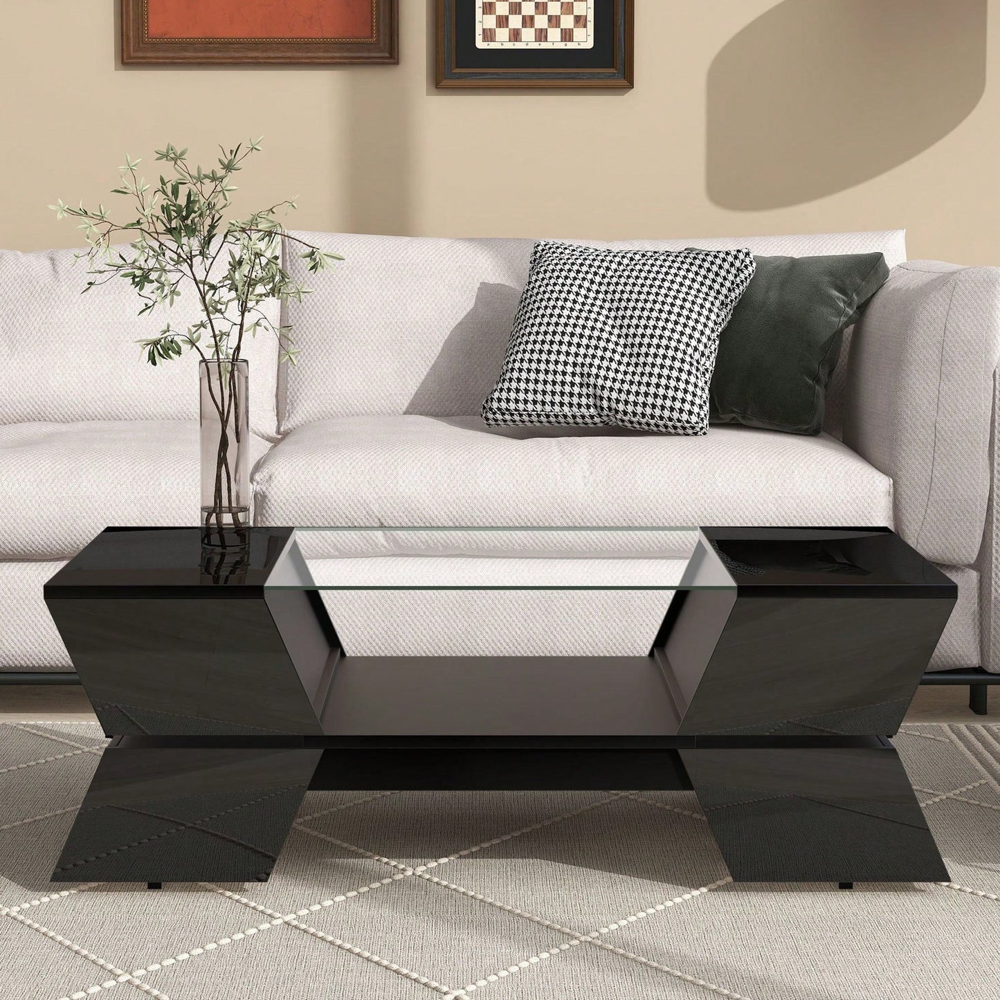 Modern Geometric 6mm Glass Coffee Table with Open Shelves and Cabinets for Stylish Living Room Storage