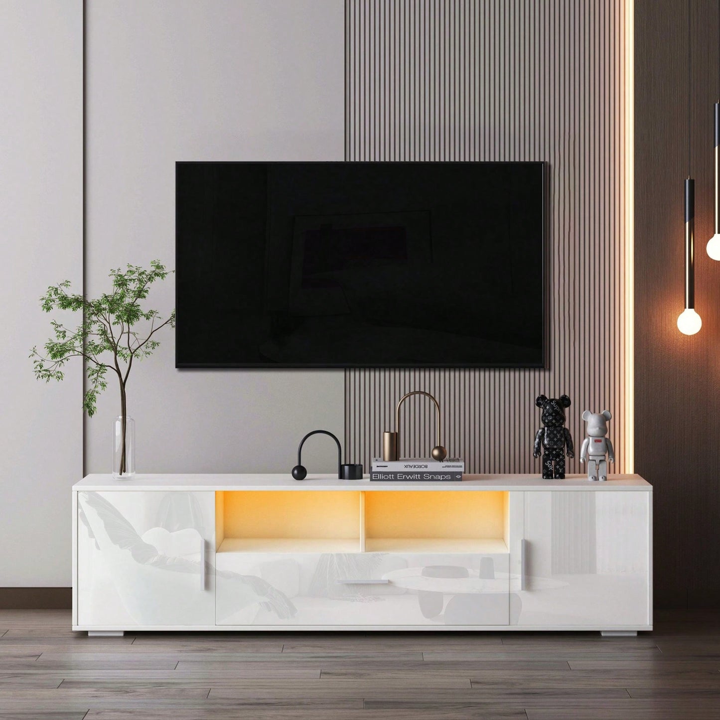 Modern LED TV Stand with Remote Control Light Belt Stylish Entertainment Center for Living Room and Bedroom White