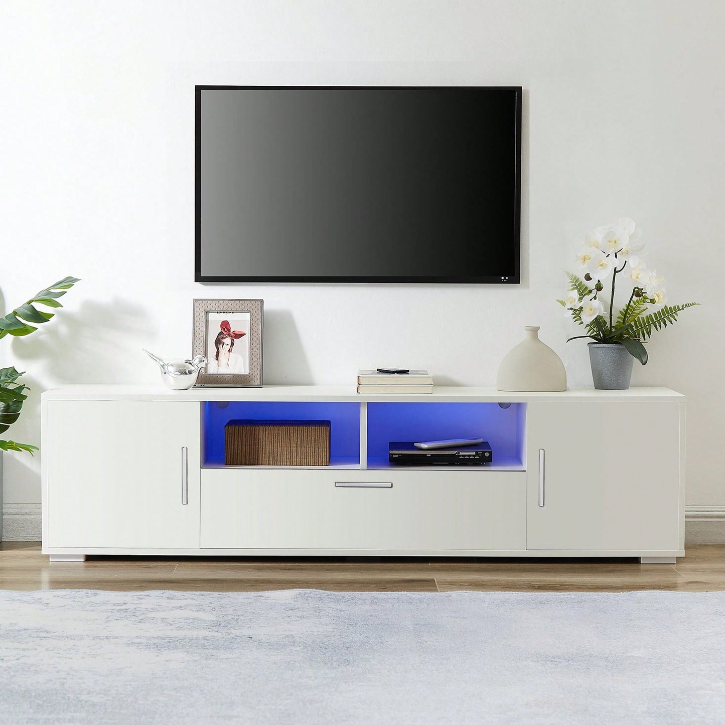Modern LED TV Stand with Remote Control Light Belt Stylish Entertainment Center for Living Room and Bedroom White
