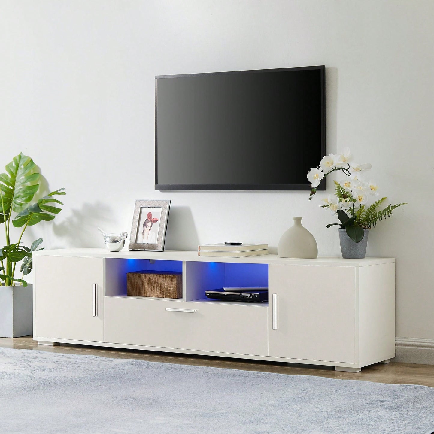 Modern LED TV Stand with Remote Control Light Belt Stylish Entertainment Center for Living Room and Bedroom White