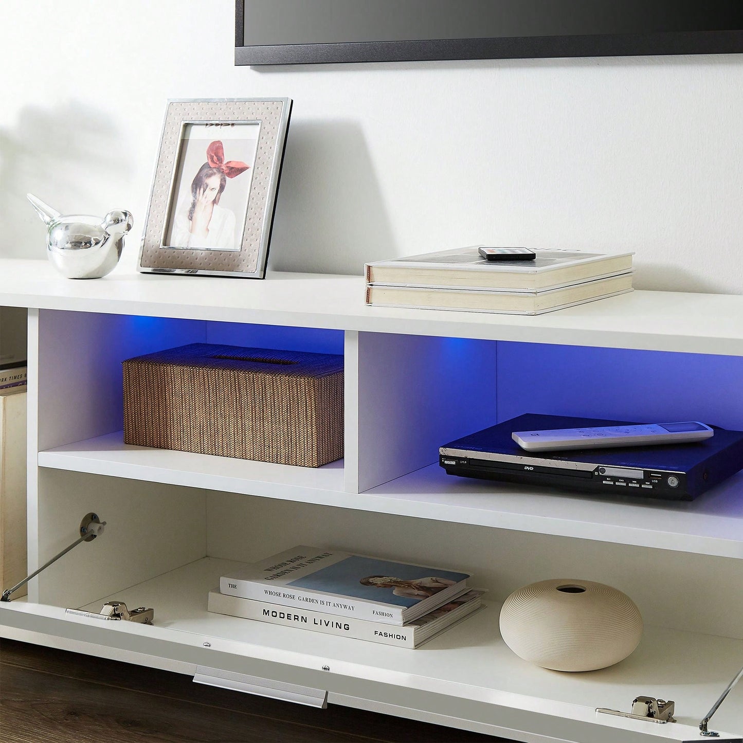 Modern LED TV Stand with Remote Control Light Belt Stylish Entertainment Center for Living Room and Bedroom White