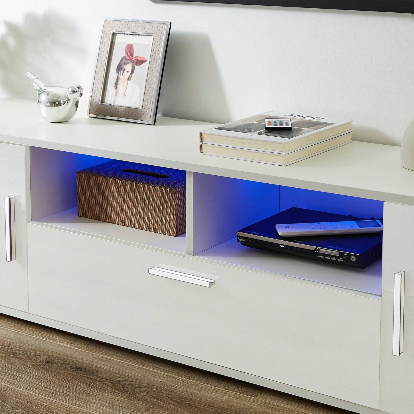 Modern LED TV Stand with Remote Control Light Belt Stylish Entertainment Center for Living Room and Bedroom White