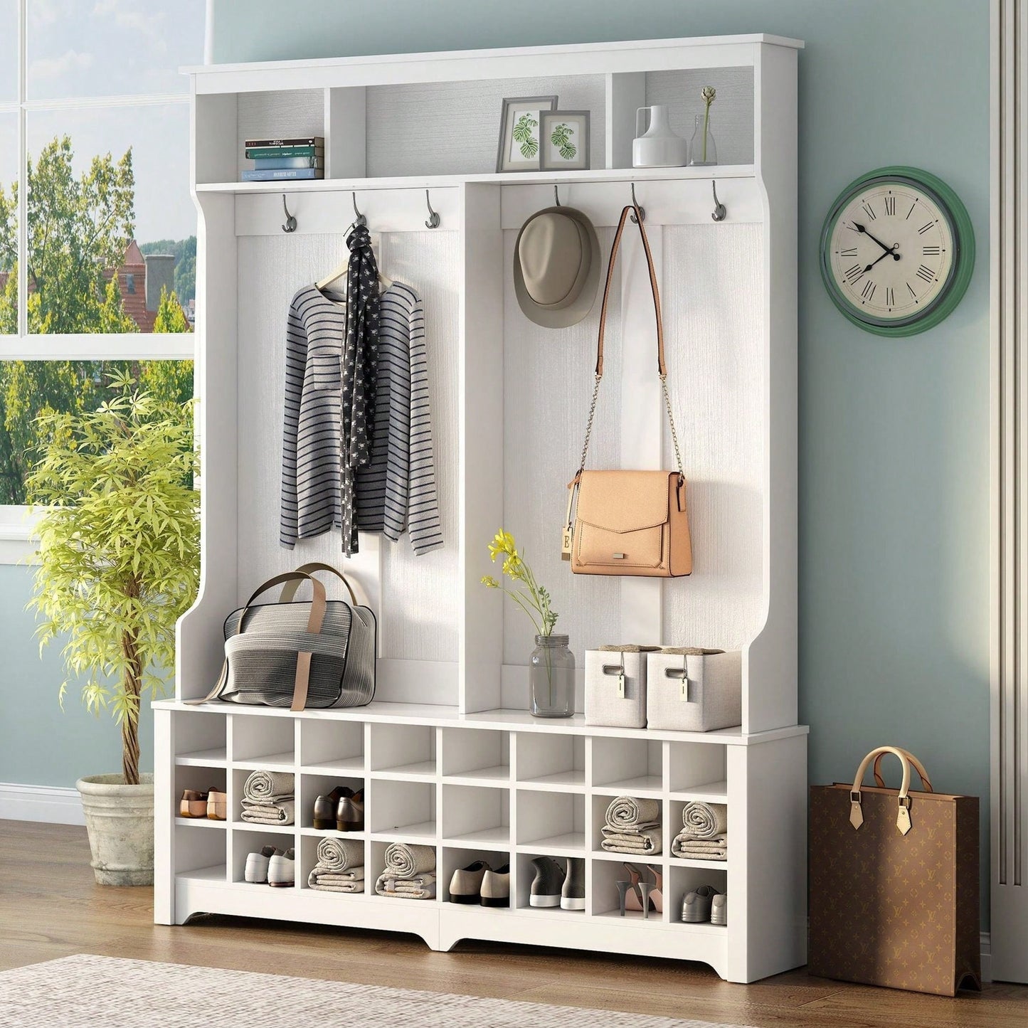 Modern Multifunctional Hallway Coat Rack and Entryway Bench with 24 Shoe Cubbies and Ample Storage Space