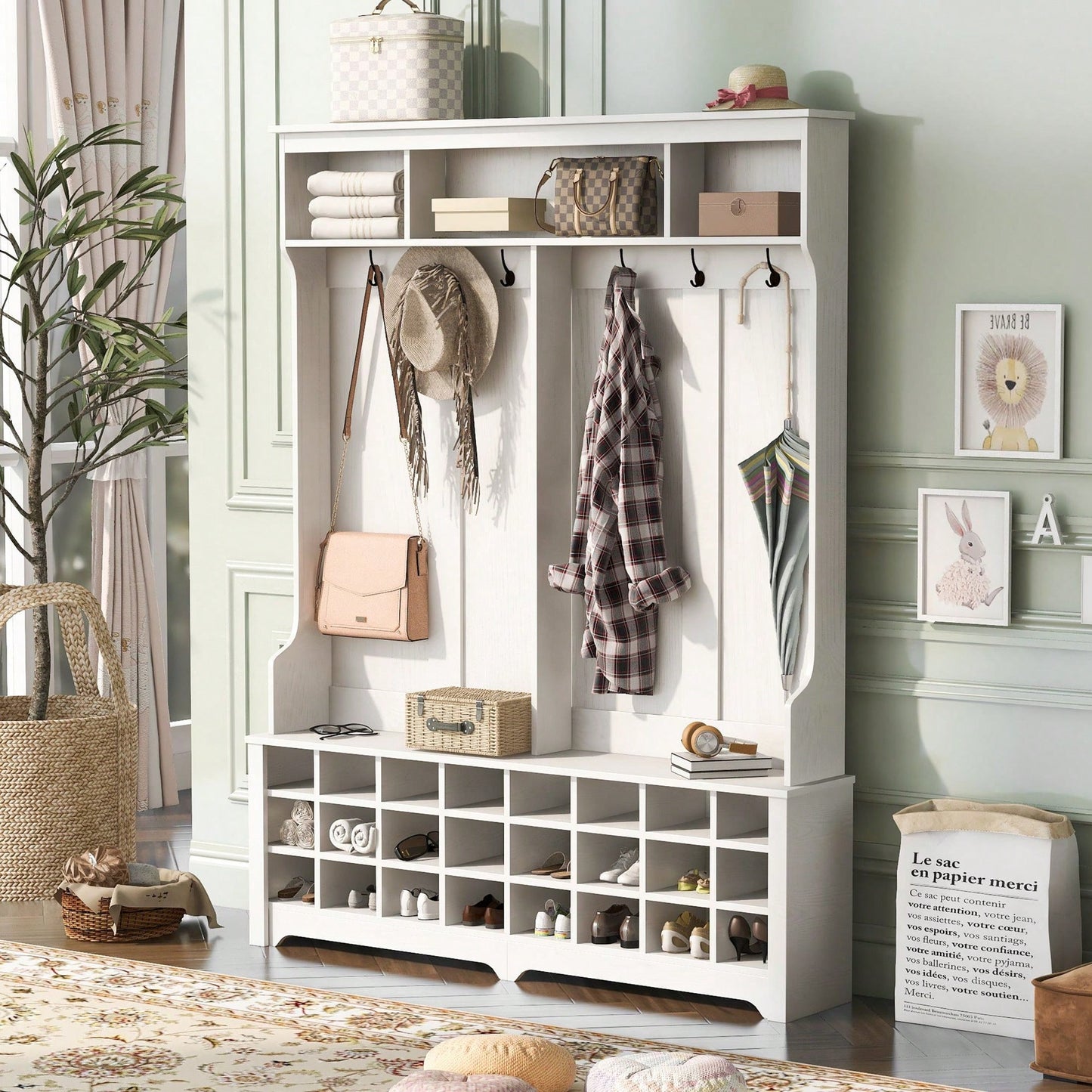 Modern Multifunctional Hallway Coat Rack and Entryway Bench with 24 Shoe Cubbies and Ample Storage Space