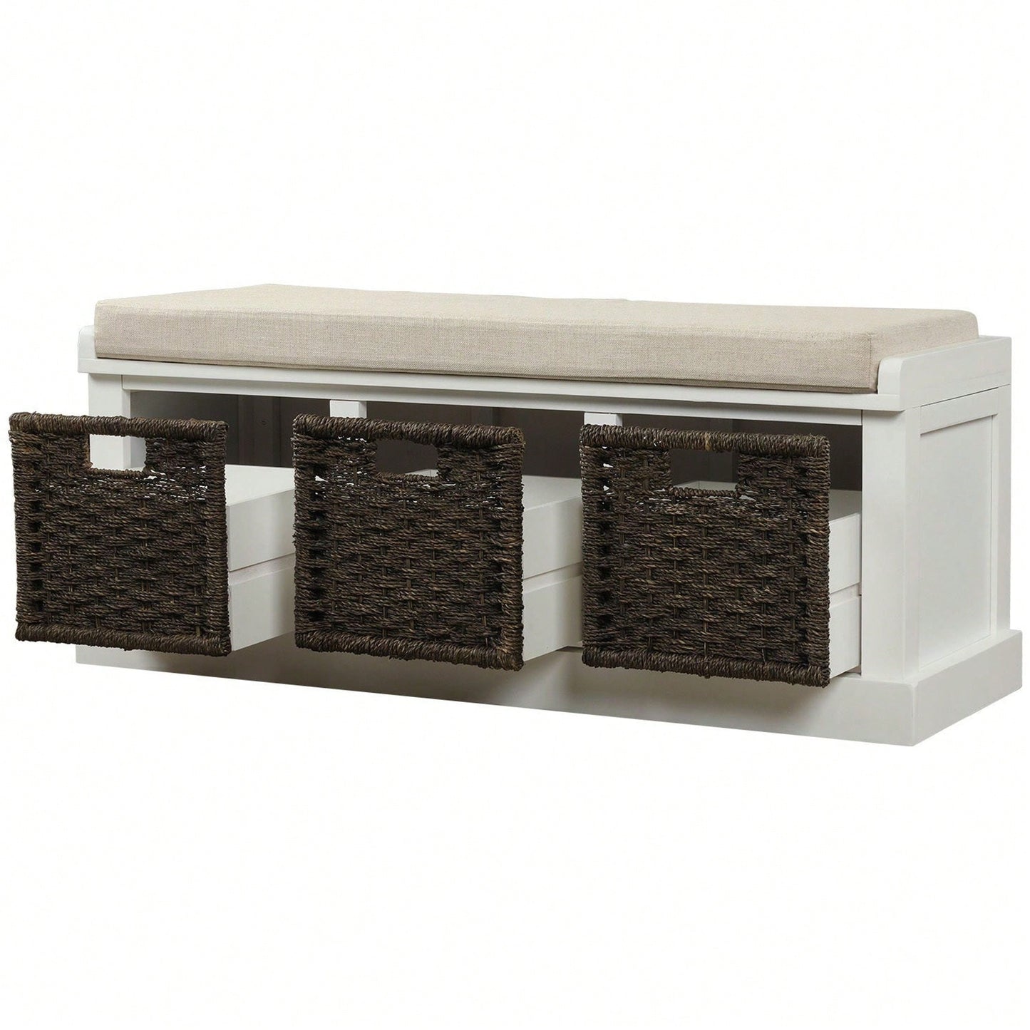Rustic Storage Bench With 3 Removable Classic Rattan Basket , Entryway Bench Storage Bench With Removable Cushion