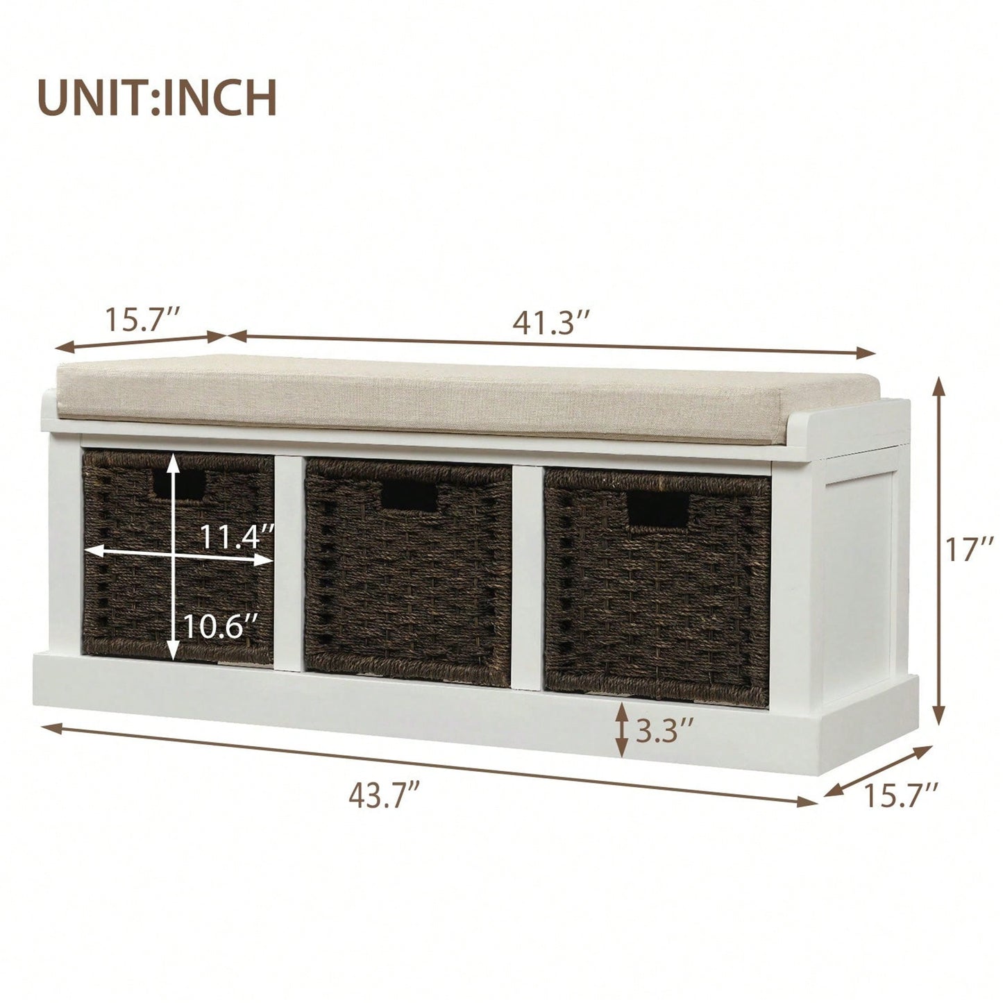 Rustic Storage Bench With 3 Removable Classic Rattan Basket , Entryway Bench Storage Bench With Removable Cushion