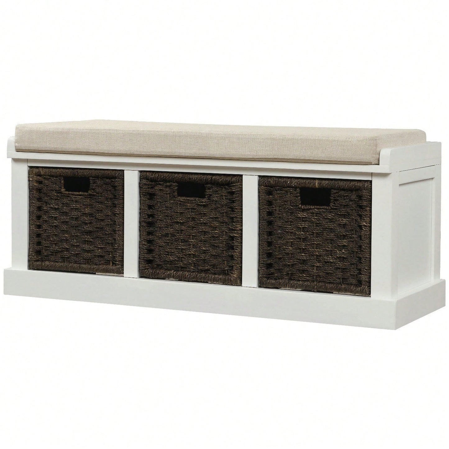 Rustic Storage Bench With 3 Removable Classic Rattan Basket , Entryway Bench Storage Bench With Removable Cushion