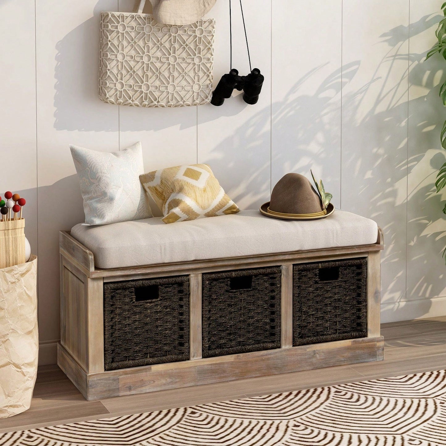 Rustic Storage Bench With 3 Removable Classic Rattan Basket , Entryway Bench Storage Bench With Removable Cushion