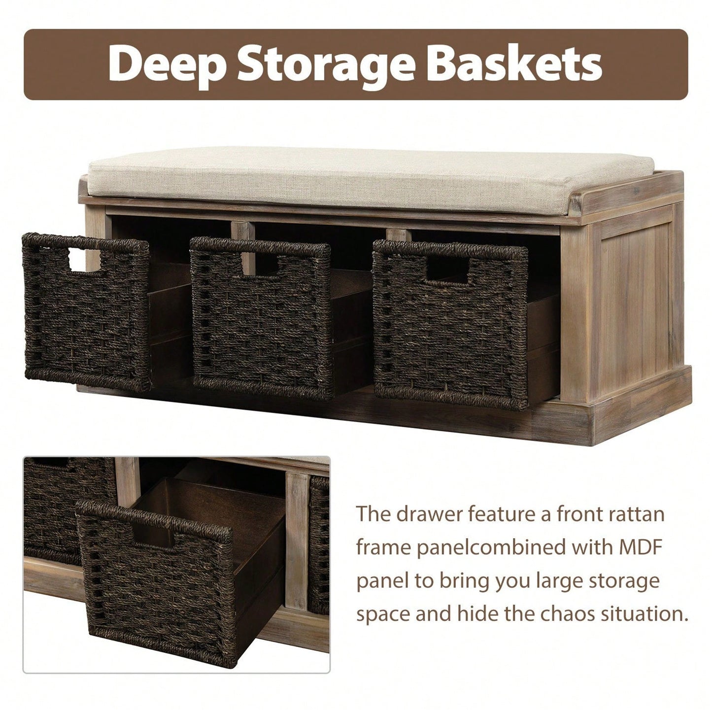 Rustic Storage Bench With 3 Removable Classic Rattan Basket , Entryway Bench Storage Bench With Removable Cushion