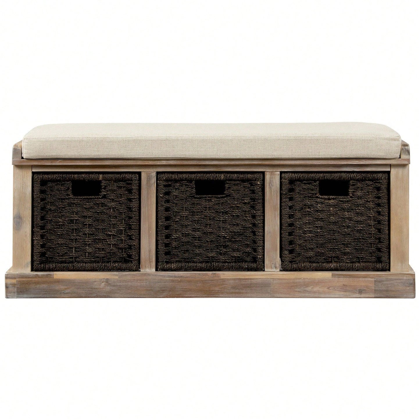 Rustic Storage Bench With 3 Removable Classic Rattan Basket , Entryway Bench Storage Bench With Removable Cushion