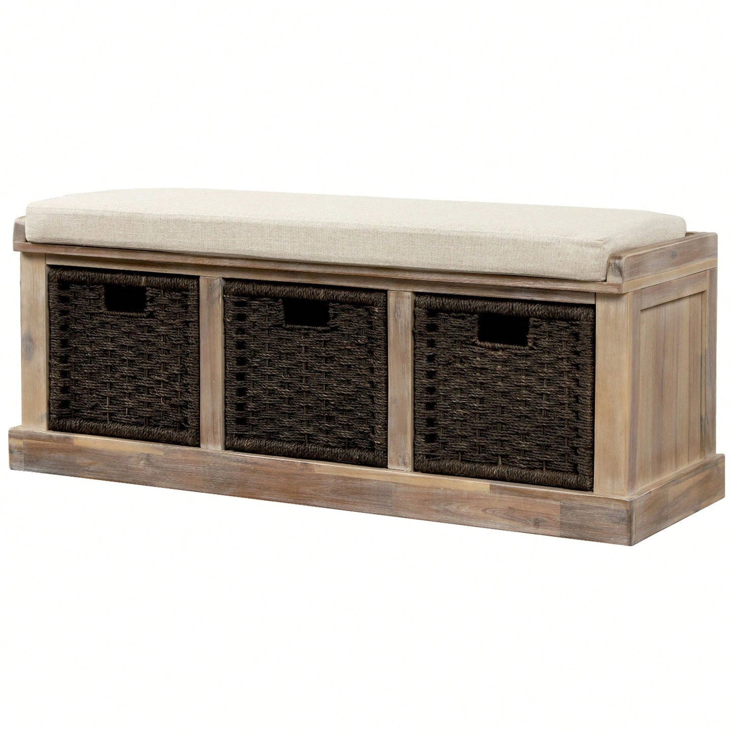 Rustic Storage Bench With 3 Removable Classic Rattan Basket , Entryway Bench Storage Bench With Removable Cushion