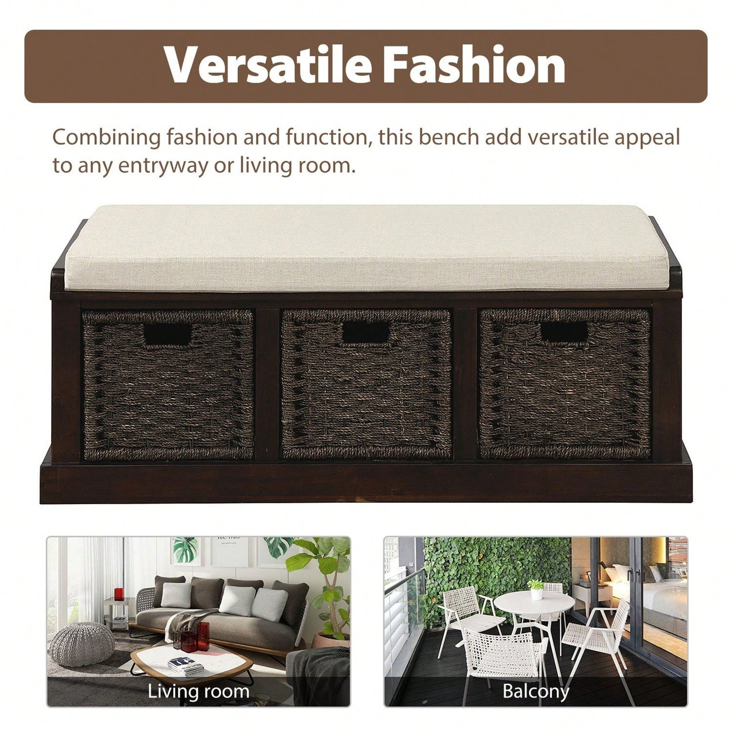 Rustic Storage Bench With 3 Removable Classic Rattan Basket , Entryway Bench Storage Bench With Removable Cushion
