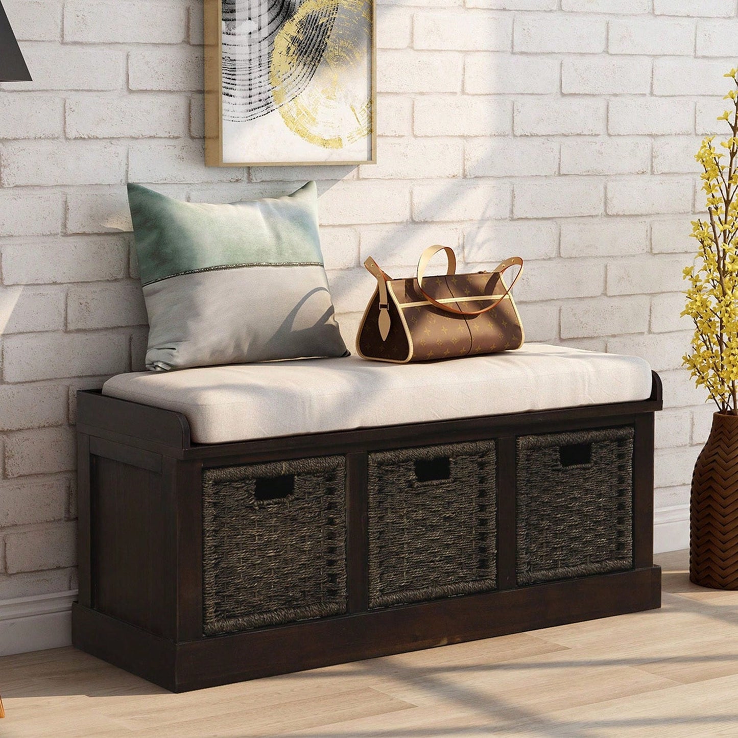 Rustic Storage Bench With 3 Removable Classic Rattan Basket , Entryway Bench Storage Bench With Removable Cushion