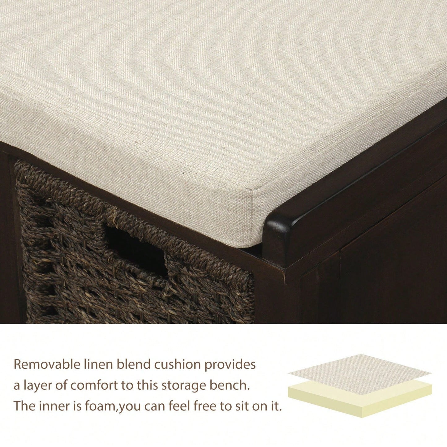 Rustic Storage Bench With 3 Removable Classic Rattan Basket , Entryway Bench Storage Bench With Removable Cushion