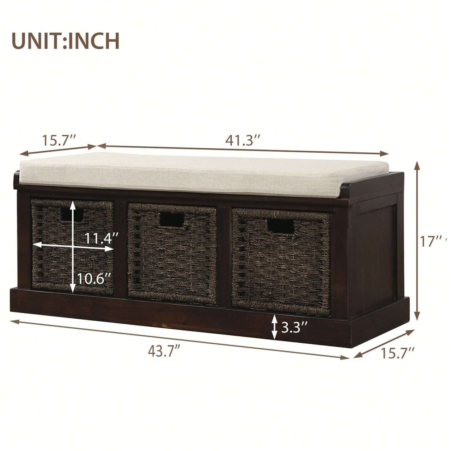 Rustic Storage Bench With 3 Removable Classic Rattan Basket , Entryway Bench Storage Bench With Removable Cushion