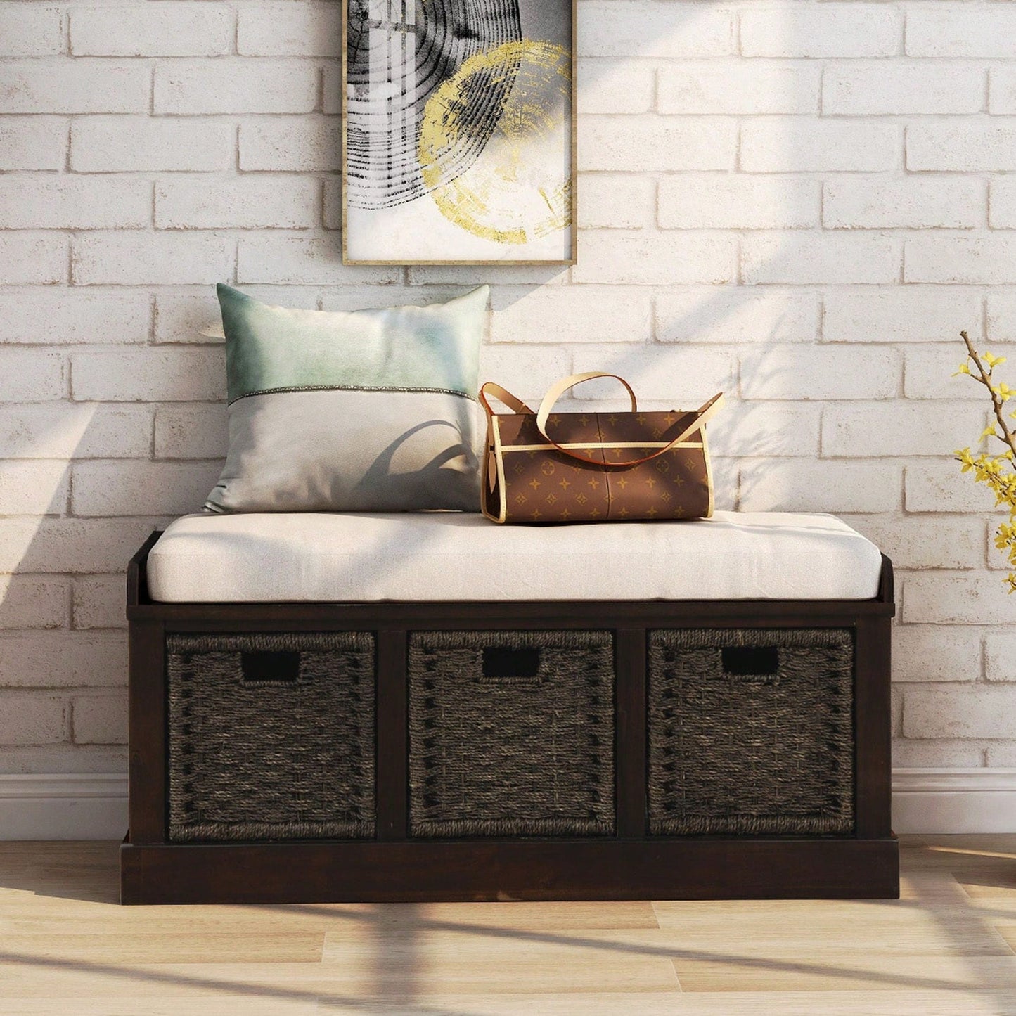Rustic Storage Bench With 3 Removable Classic Rattan Basket , Entryway Bench Storage Bench With Removable Cushion
