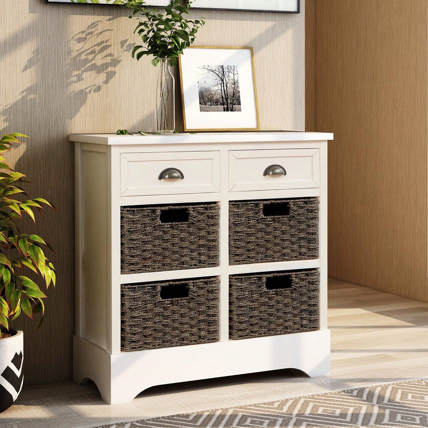 Rustic Storage Cabinet With Two Drawers And Four Classic Rattan Basket For Dining Room/Living Room