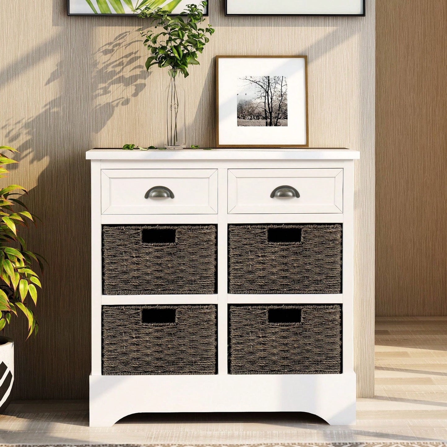 Rustic Storage Cabinet With Two Drawers And Four Classic Rattan Basket For Dining Room/Living Room