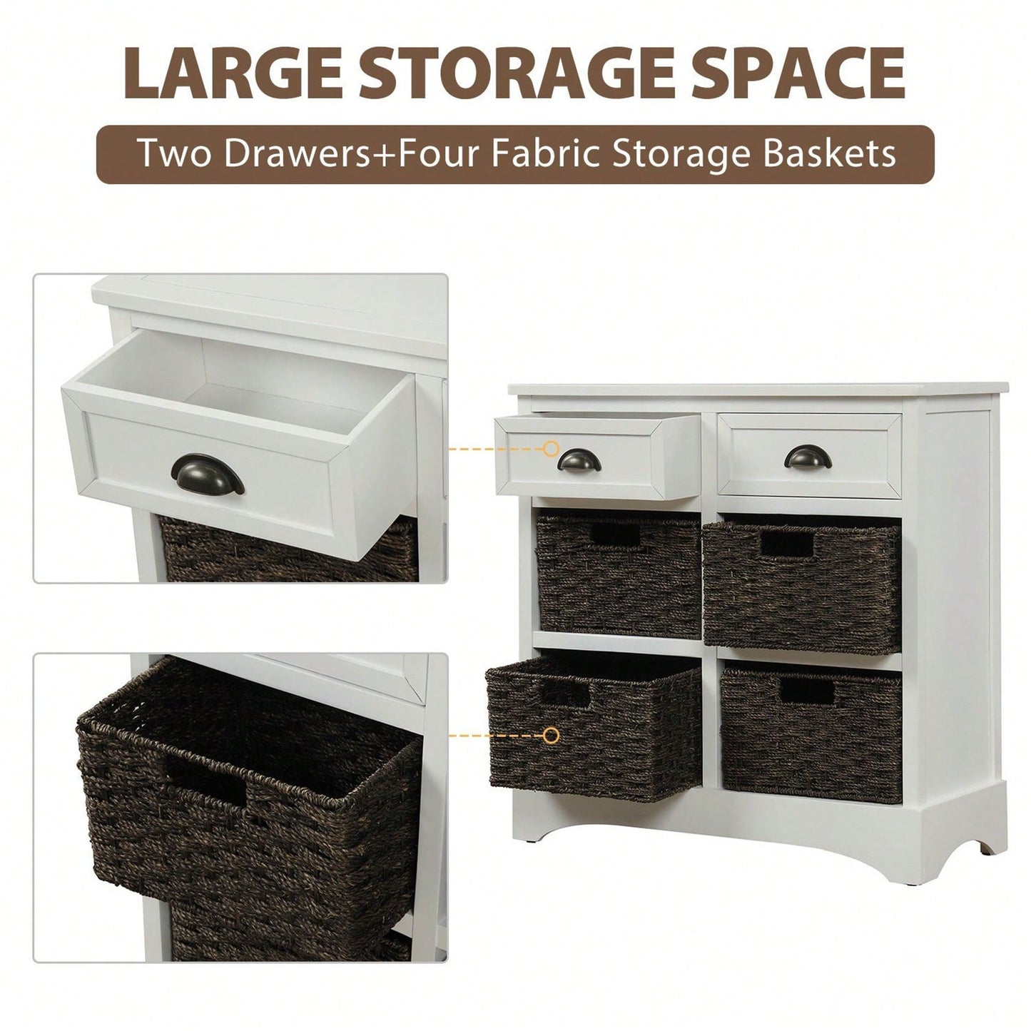 Rustic Storage Cabinet With Two Drawers And Four Classic Rattan Basket For Dining Room/Living Room