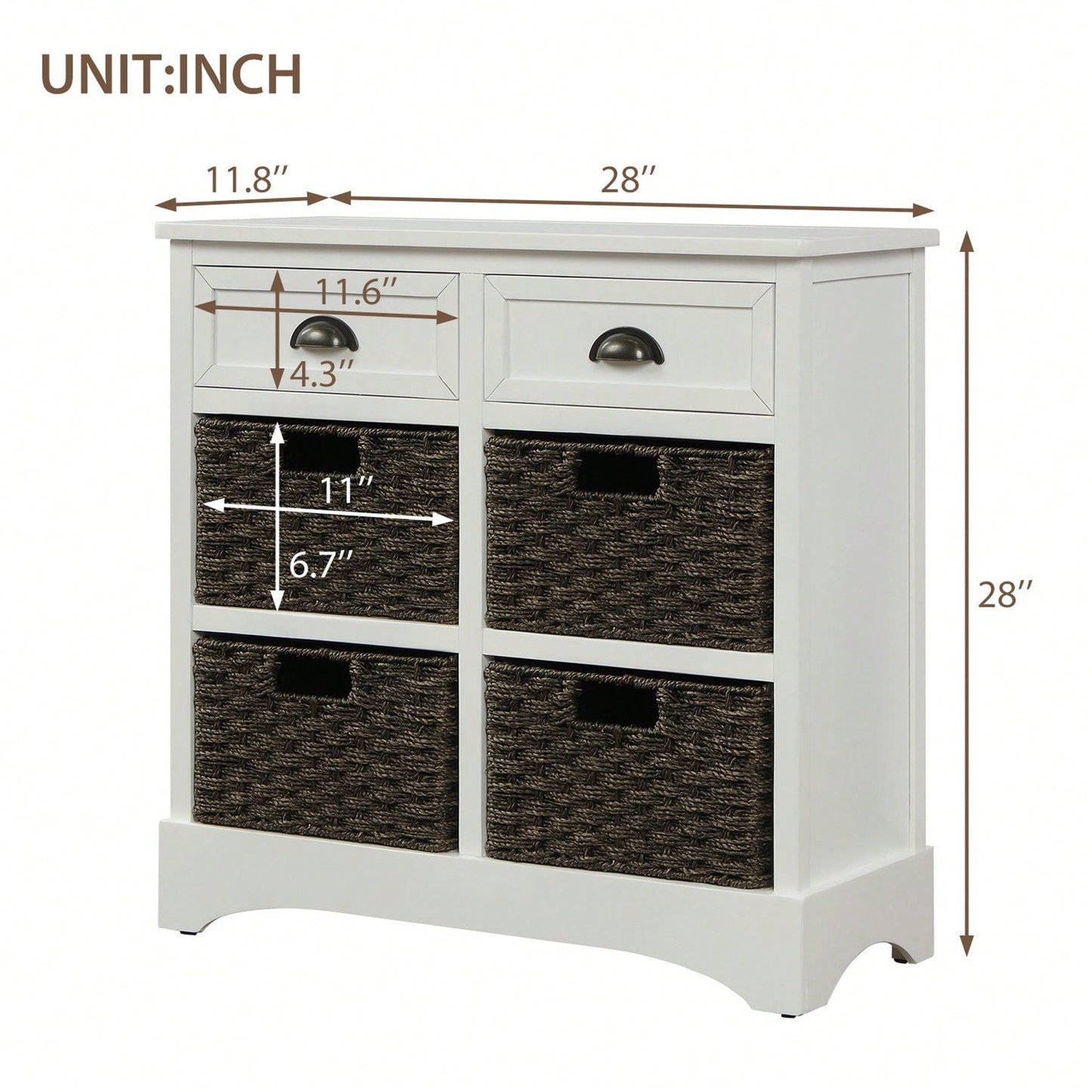 Rustic Storage Cabinet With Two Drawers And Four Classic Rattan Basket For Dining Room/Living Room