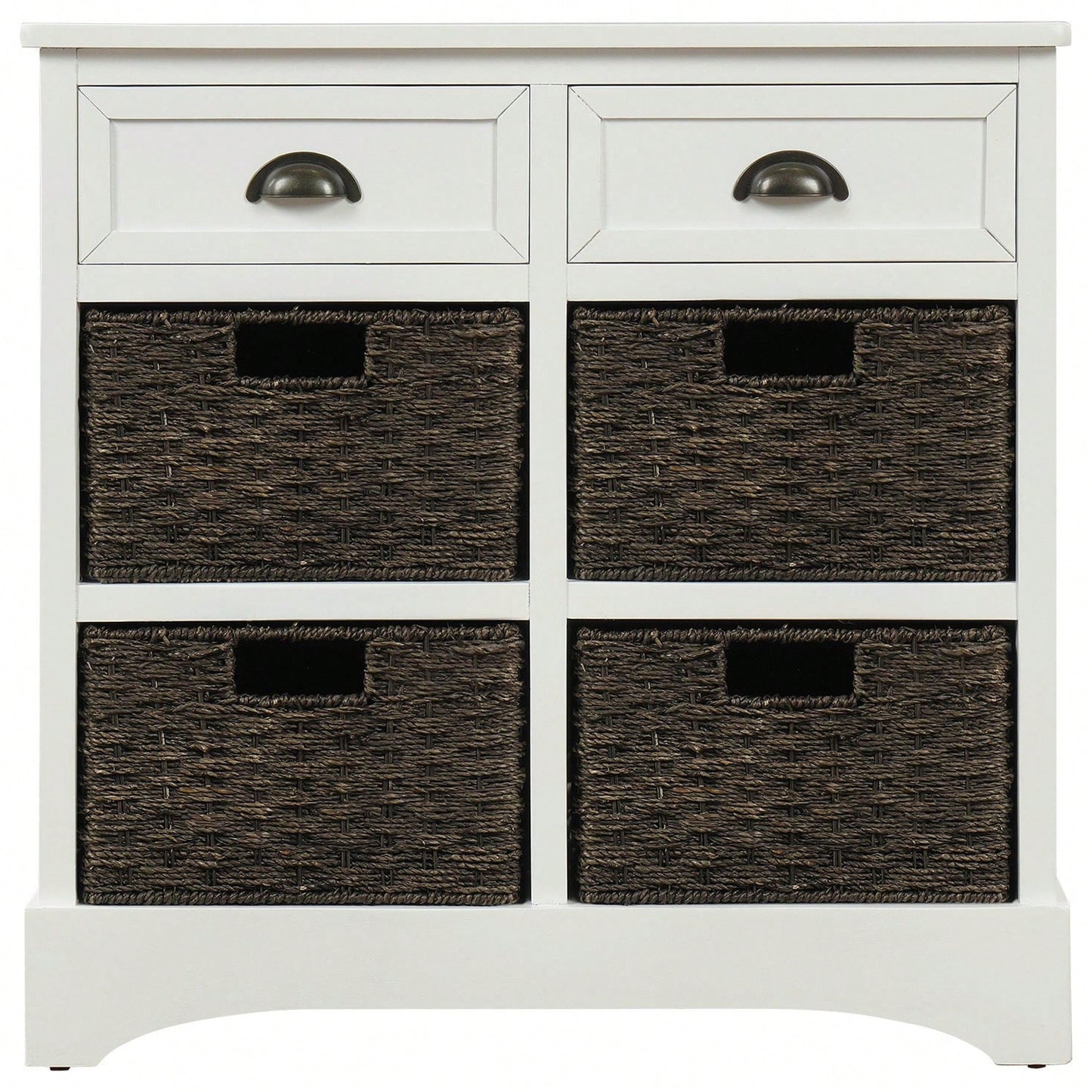 Rustic Storage Cabinet With Two Drawers And Four Classic Rattan Basket For Dining Room/Living Room