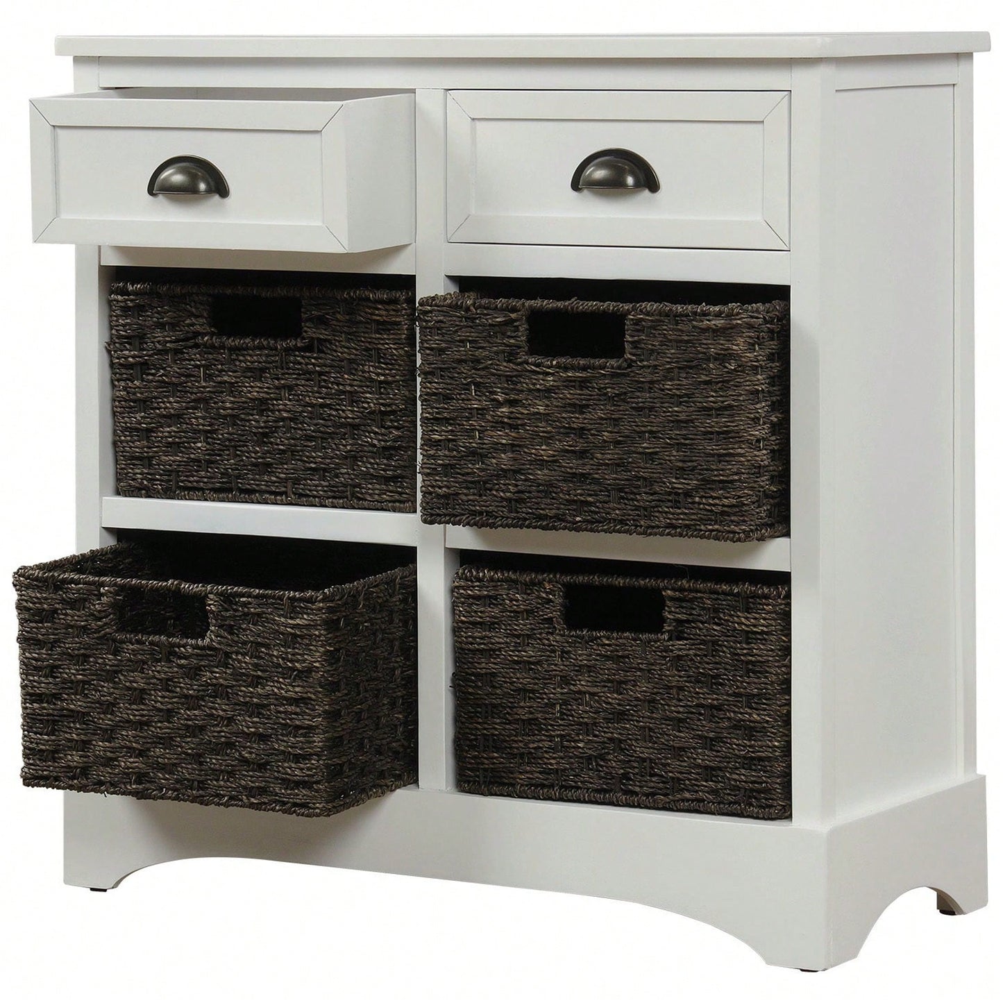 Rustic Storage Cabinet With Two Drawers And Four Classic Rattan Basket For Dining Room/Living Room