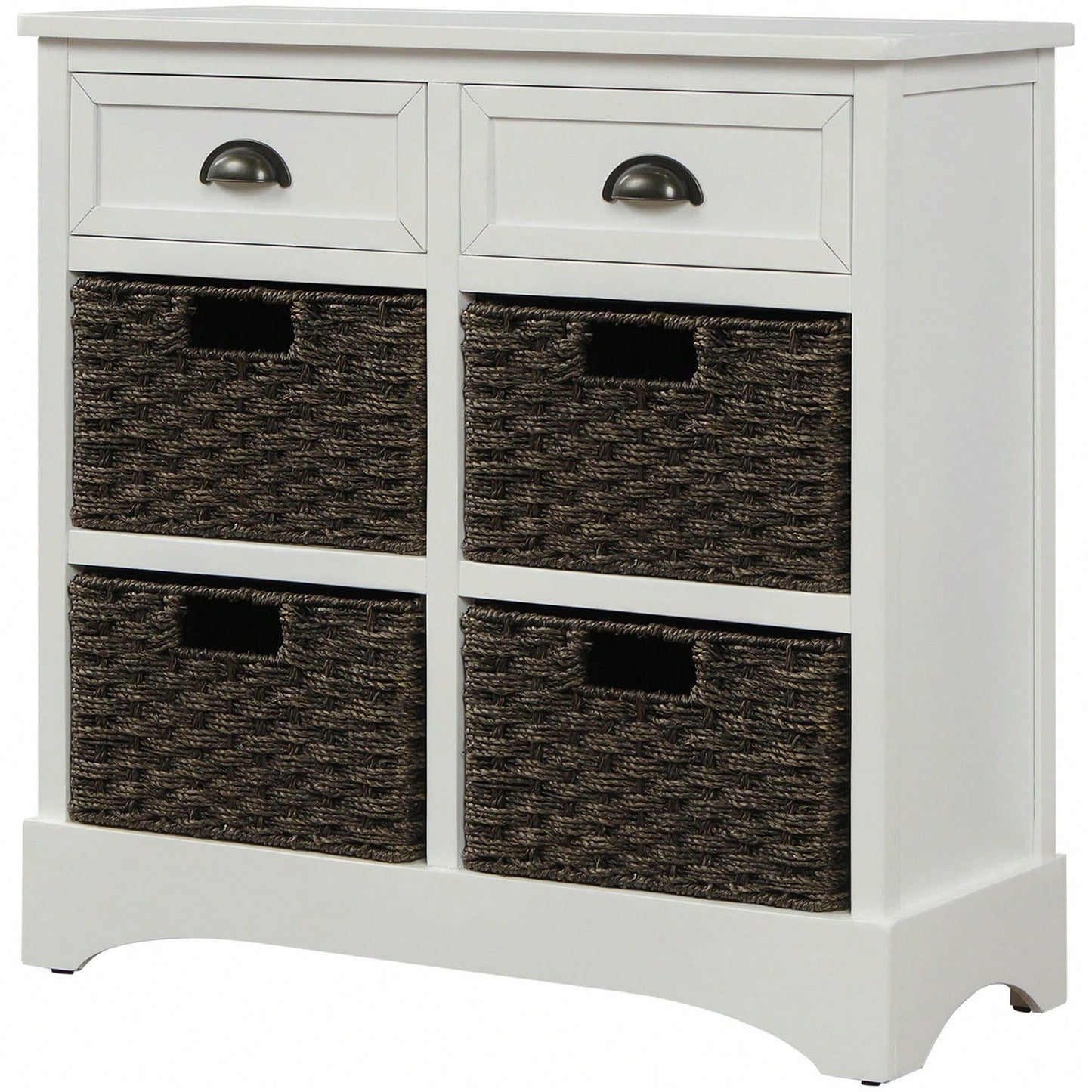 Rustic Storage Cabinet With Two Drawers And Four Classic Rattan Basket For Dining Room/Living Room