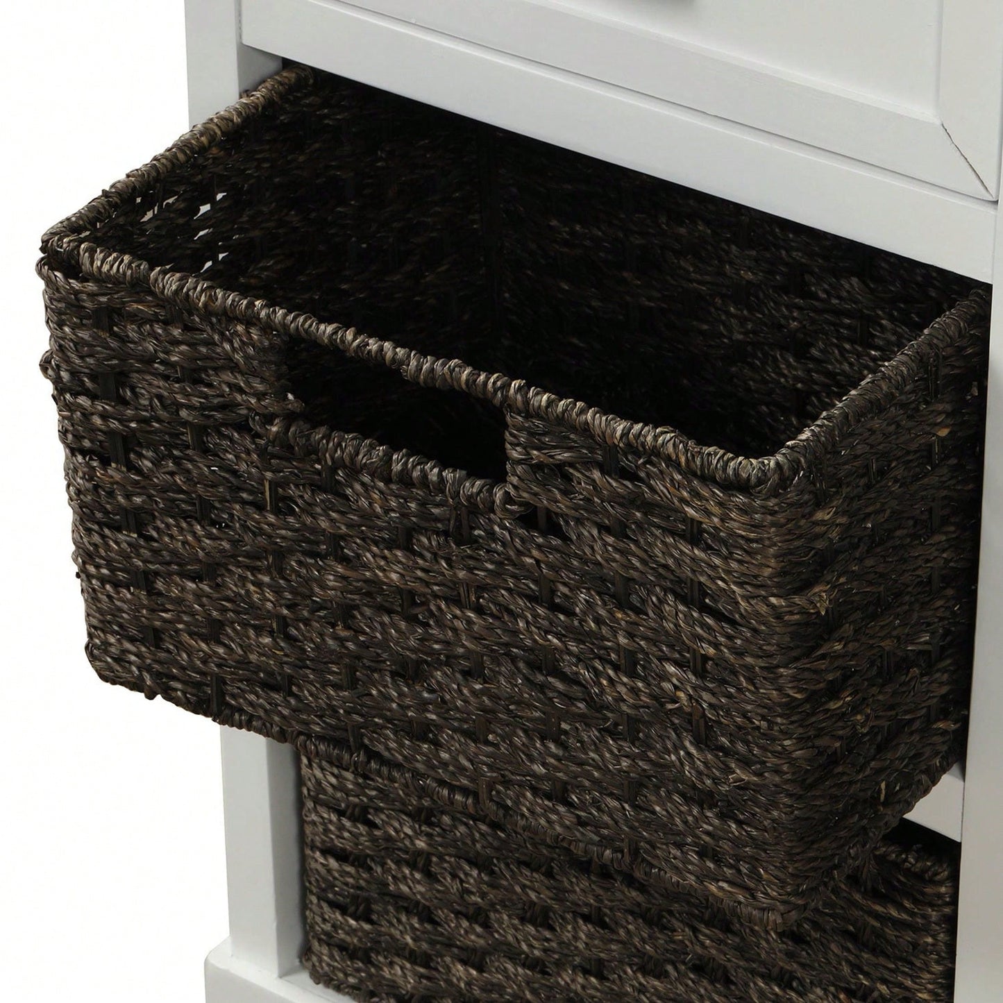 Rustic Storage Cabinet With Two Drawers And Four Classic Rattan Basket For Dining Room/Living Room