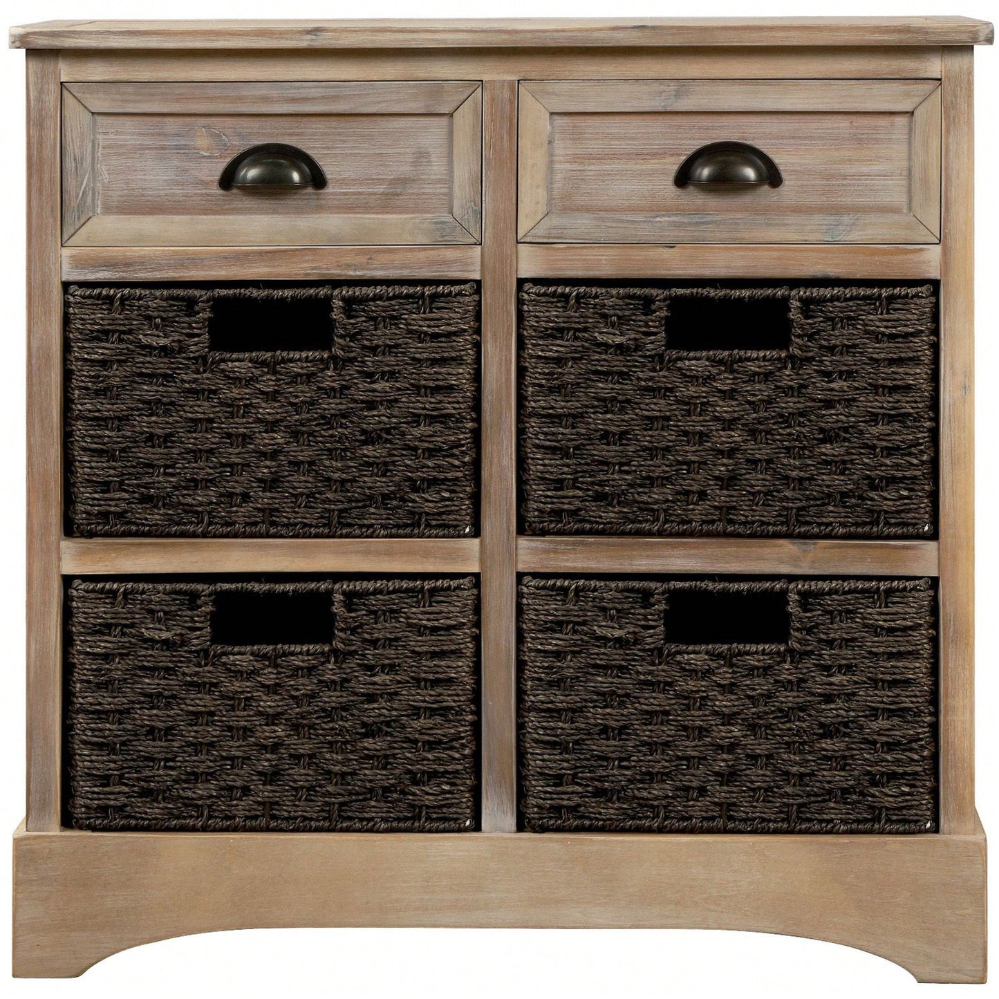 Rustic Storage Cabinet With Two Drawers And Four Classic Rattan Basket For Dining Room/Living Room