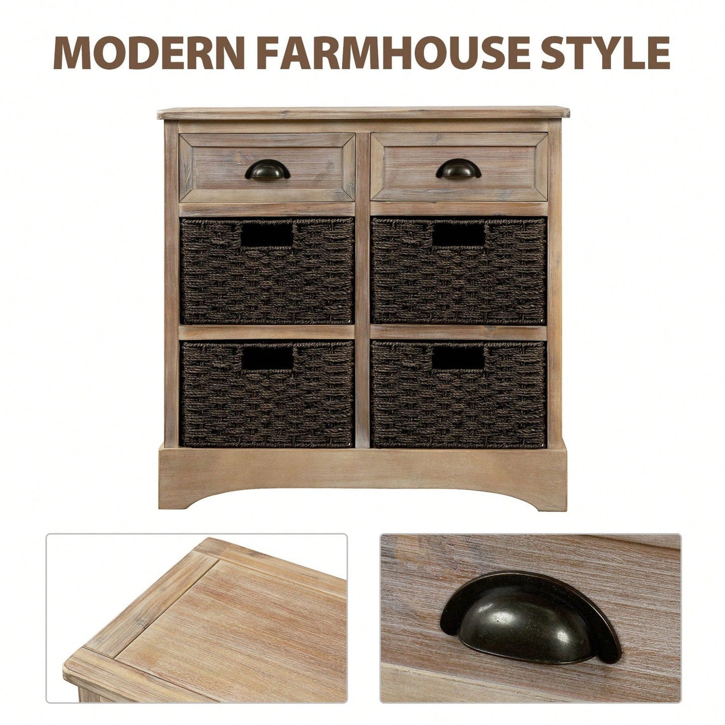 Rustic Storage Cabinet With Two Drawers And Four Classic Rattan Basket For Dining Room/Living Room