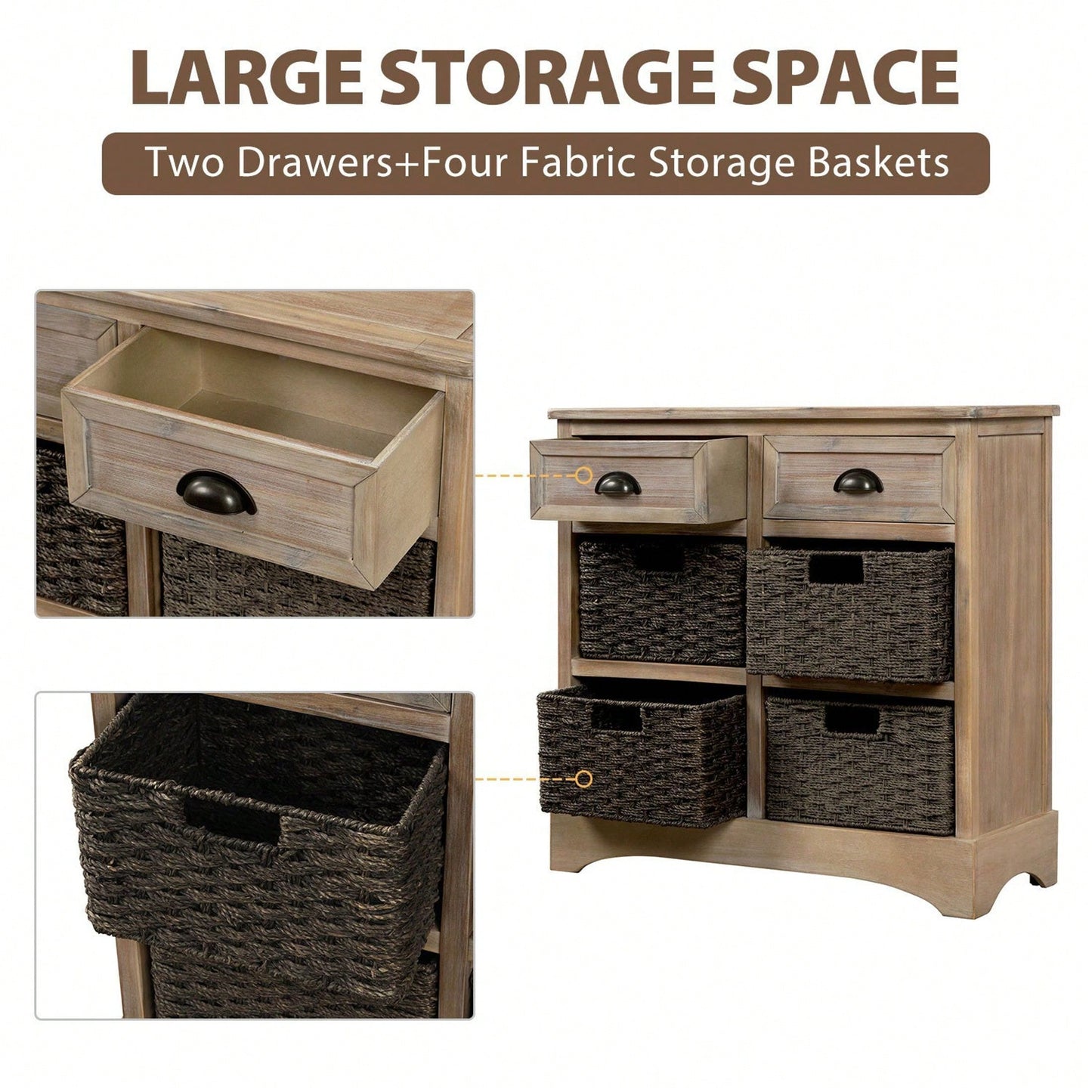 Rustic Storage Cabinet With Two Drawers And Four Classic Rattan Basket For Dining Room/Living Room
