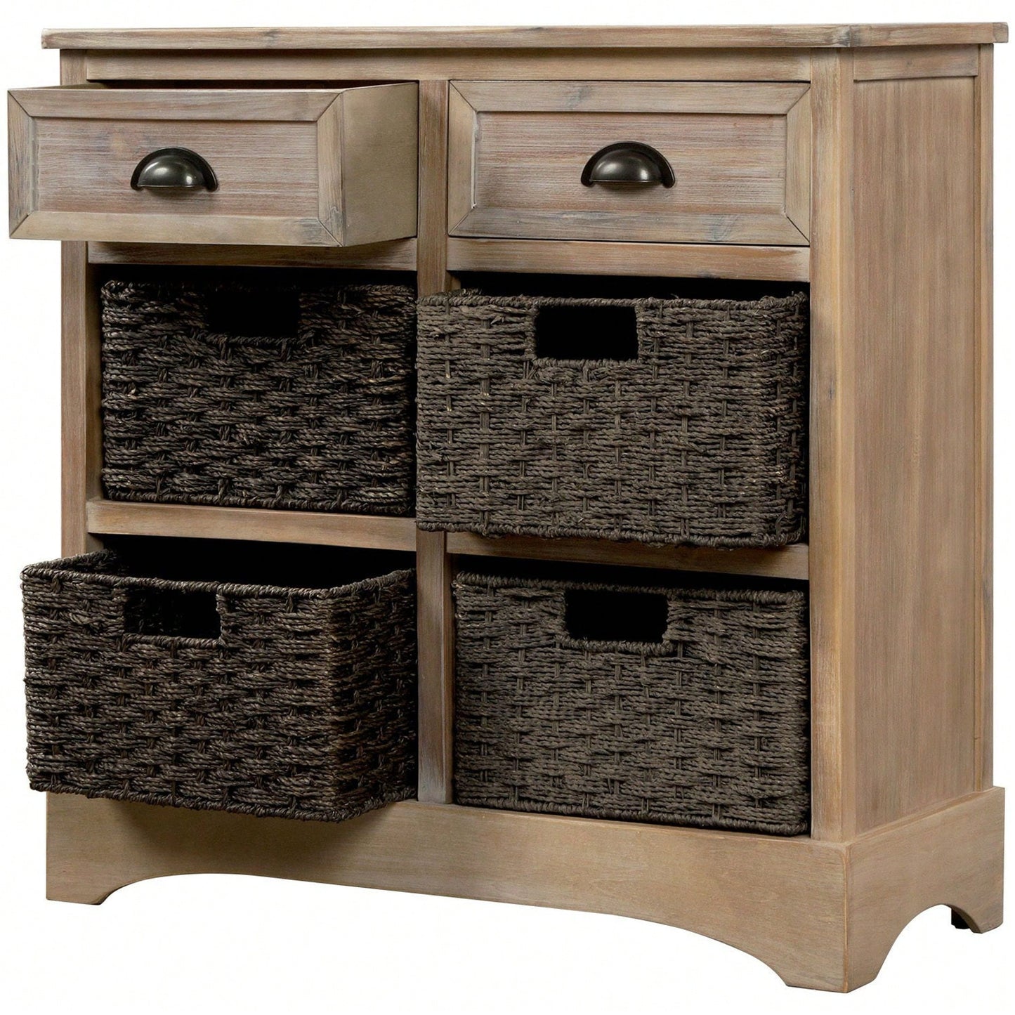 Rustic Storage Cabinet With Two Drawers And Four Classic Rattan Basket For Dining Room/Living Room