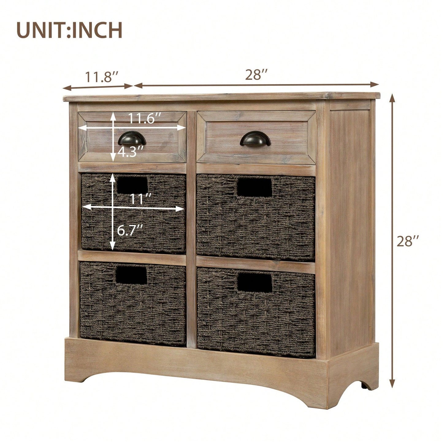 Rustic Storage Cabinet With Two Drawers And Four Classic Rattan Basket For Dining Room/Living Room