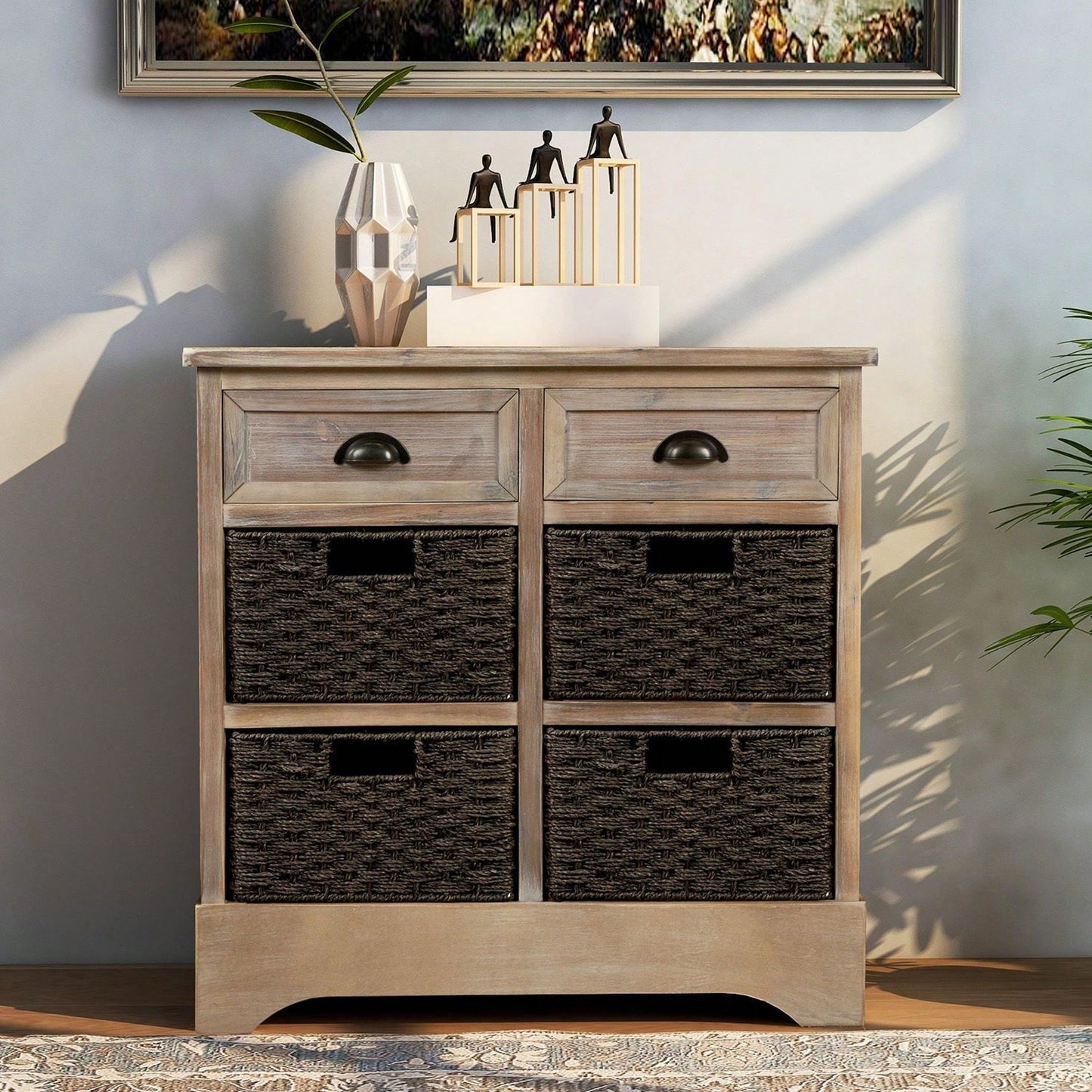 Rustic Storage Cabinet With Two Drawers And Four Classic Rattan Basket For Dining Room/Living Room